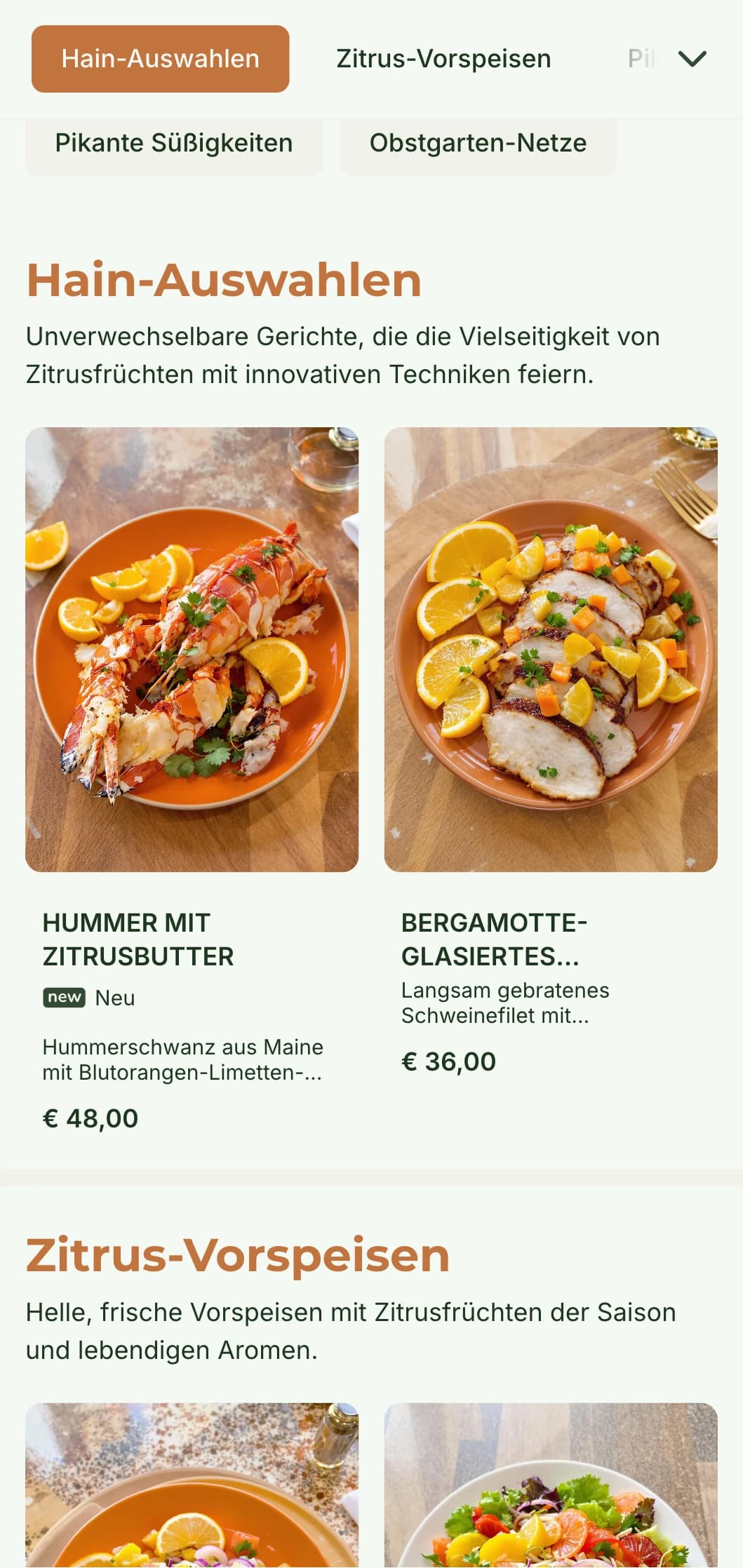 Ein helles, frisches Abendmenü mit Zitrustönen und natürlichen Elementen, perfekt für Restaurants mit mediterranem Einfluss.