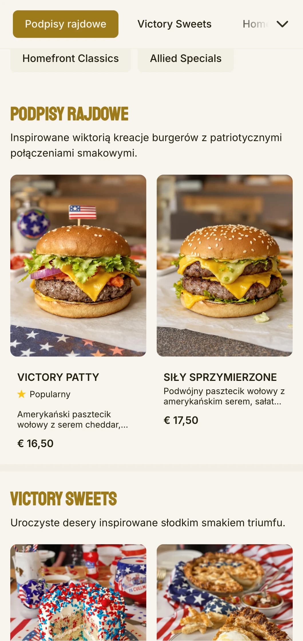 Inspirowana II wojną światową kantyna burgerowa z ogrodem zwycięstwa i elementami patriotycznymi.