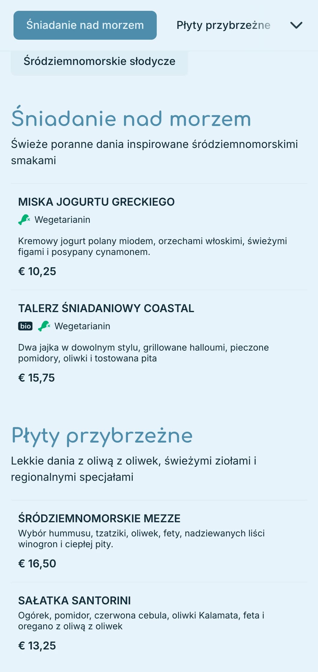 Odświeżająca niebieska paleta inspirowana wodami Morza Śródziemnego dla nadmorskich kawiarni i bistro.
