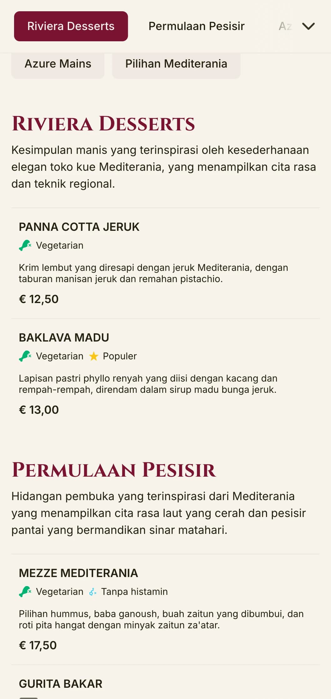Desain menu makan siang yang mencolok dan terinspirasi dari Mediterania dengan aksen yang semarak dan tata letak yang elegan, cocok untuk restoran tepi pantai kelas atas dan tempat bersantap di tempat liburan.