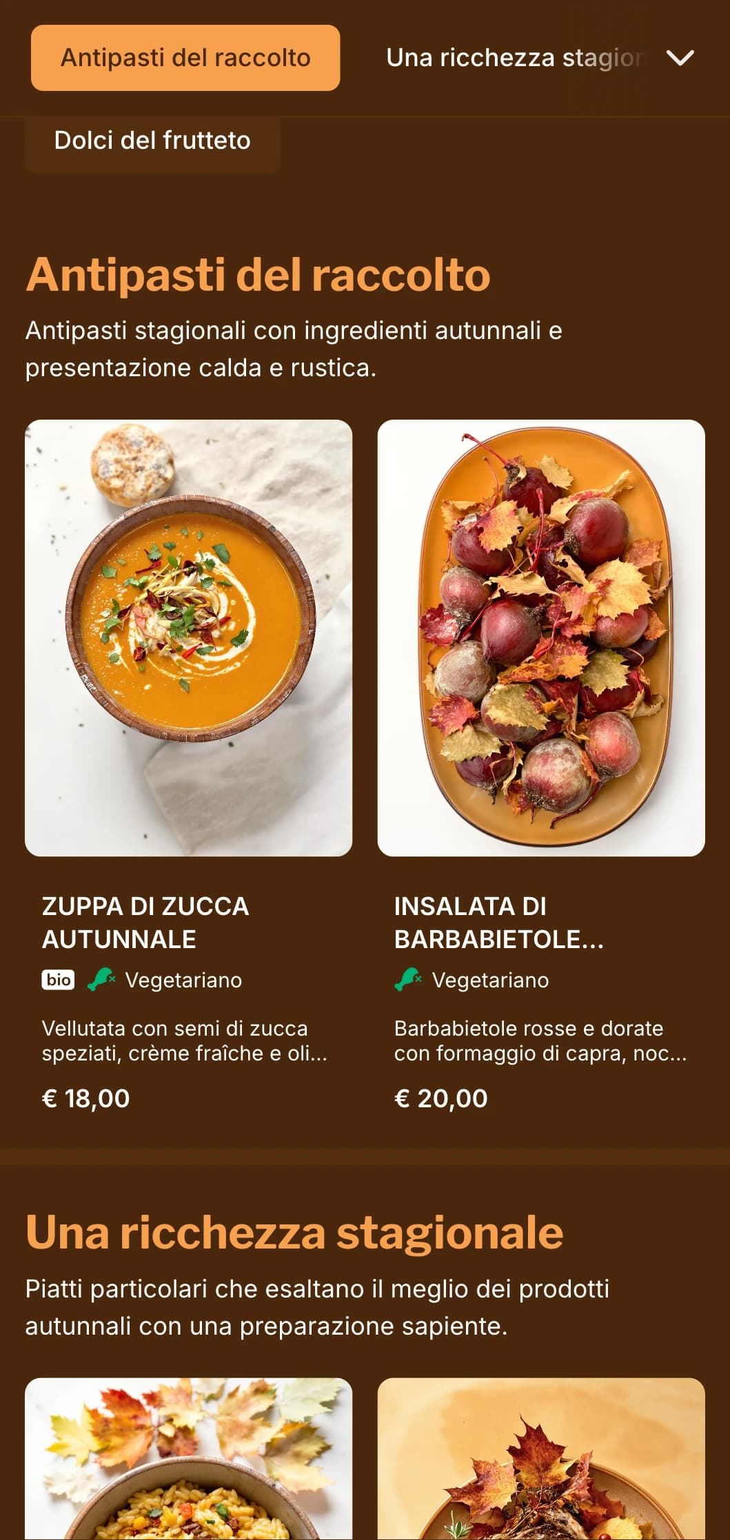 Un menu caldo, di ispirazione autunnale, caratterizzato da ricche tonalità ambrate, ideale per la cucina stagionale e per i ristoranti incentrati sul raccolto.