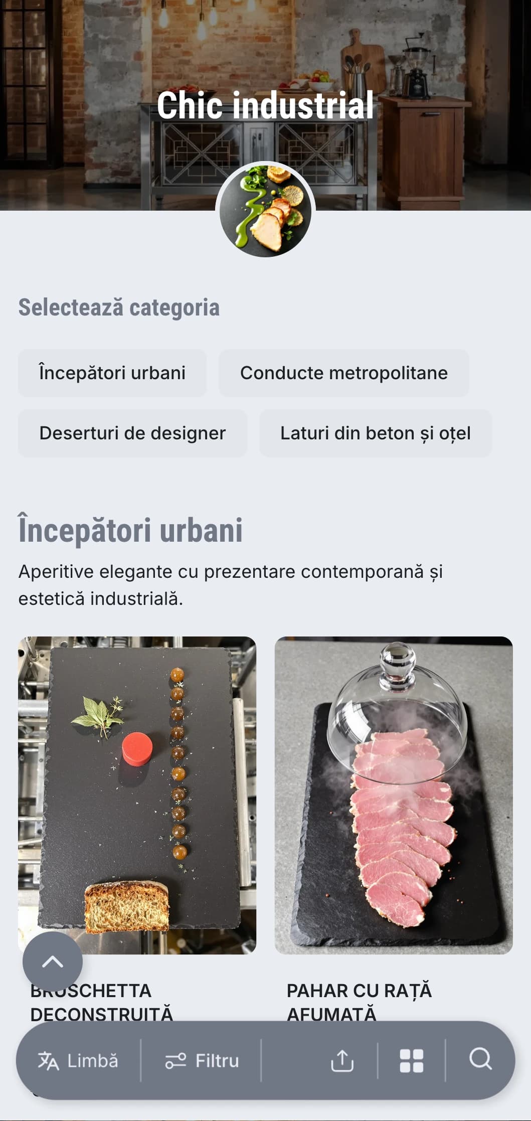 Prezentare de catering crudă, energică, cu estetică urbană modernă, elemente metalice și texturi de beton pentru evenimente în depozite și deschideri de galerii.