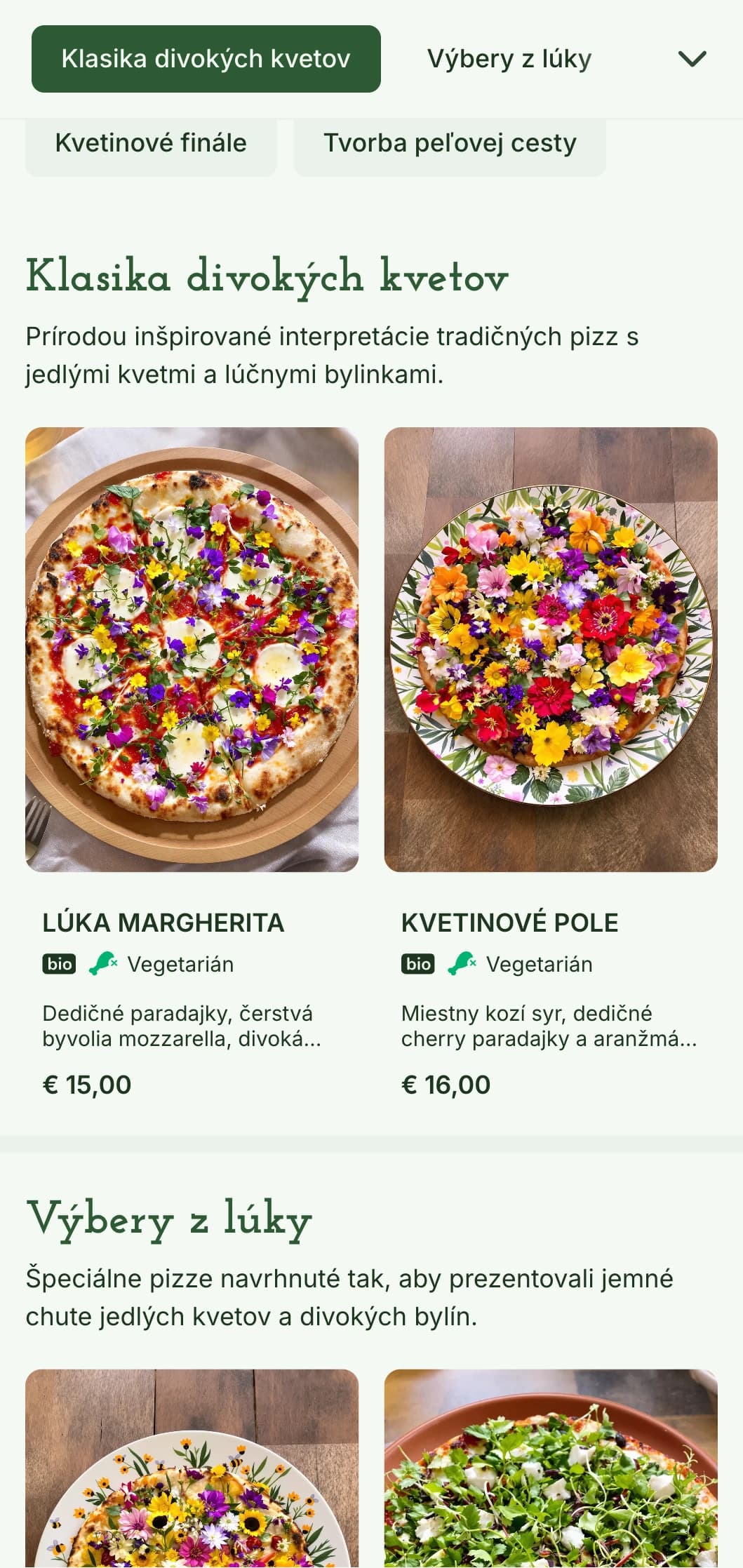 Ponuka pizze inšpirovaná divokými kvetmi, ktorá kladie dôraz na miestne, vypestované suroviny a prirodzenú prezentáciu.
