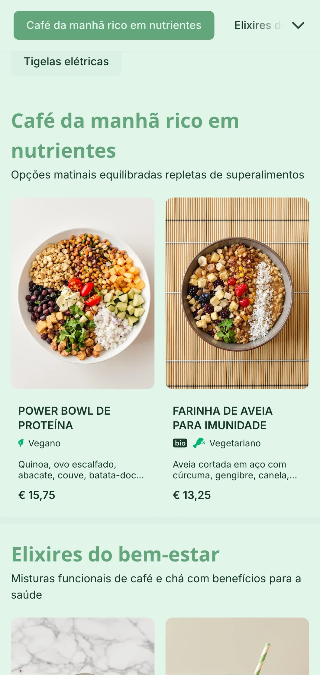 Design verde fresco enfatizando opções saudáveis para cafés e bares de sucos voltados para o bem-estar.