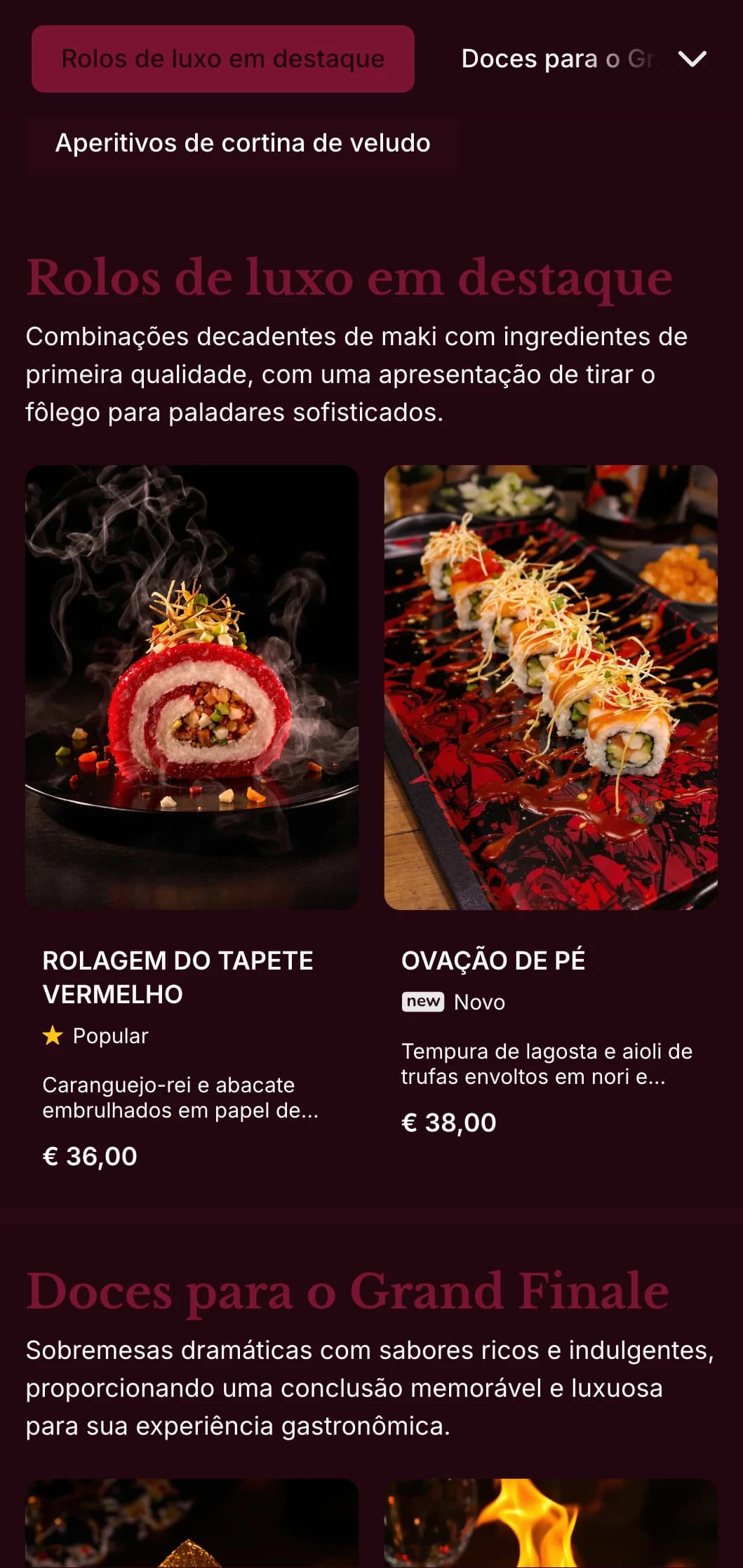 Experiência luxuosa de sushi com ricos tons de veludo vermelho e elementos dramáticos para locais premium.