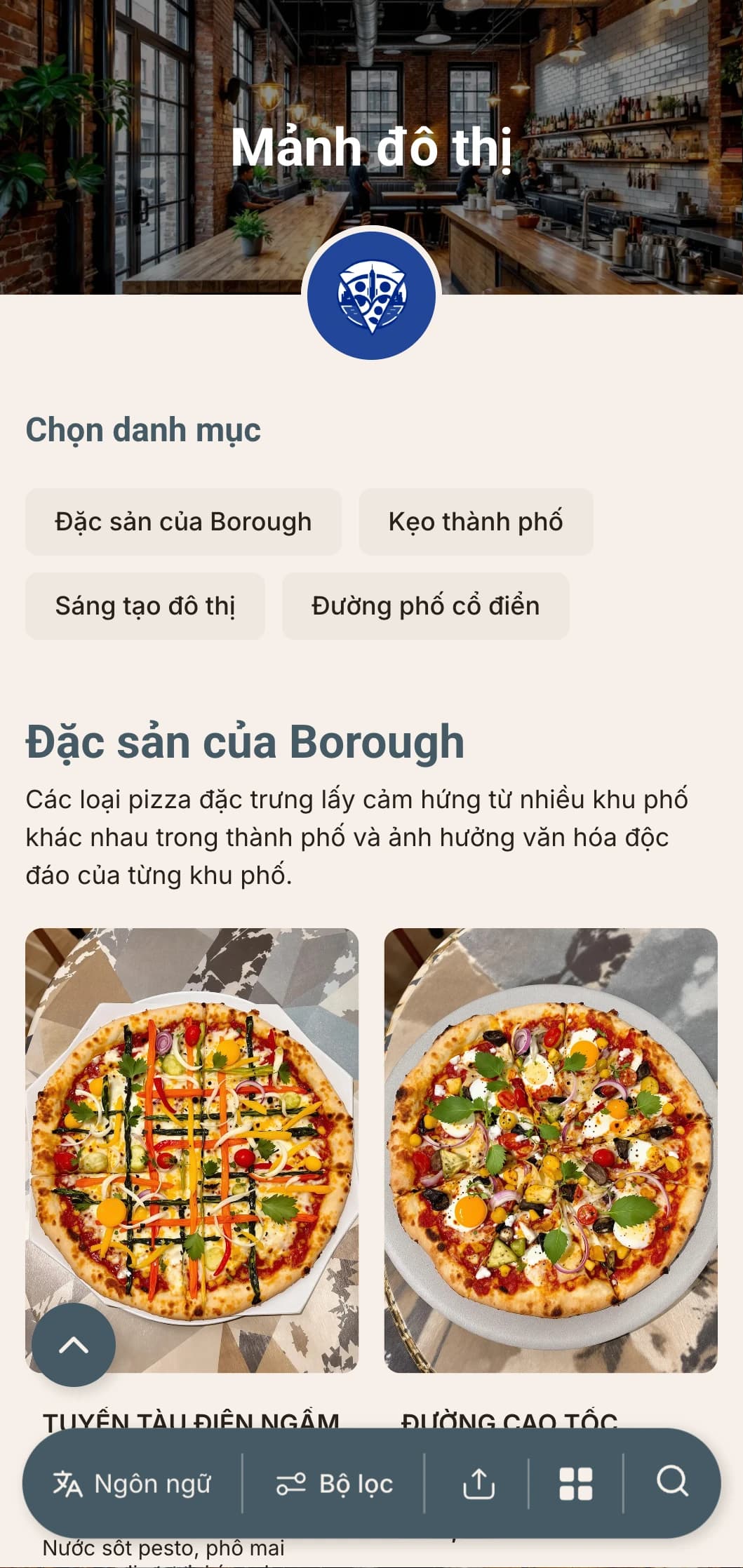 Thực đơn pizza đương đại với các yếu tố thiết kế công nghiệp, hoàn hảo cho các tiệm pizza ở trung tâm thành phố.