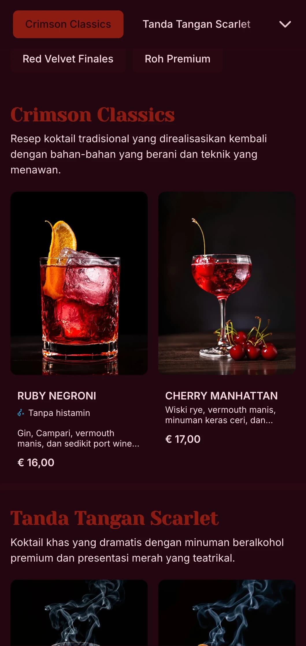 Desain yang berani dan dramatis untuk lounge koktail kelas atas yang menampilkan warna merah tua yang kaya dan elemen teatrikal.
