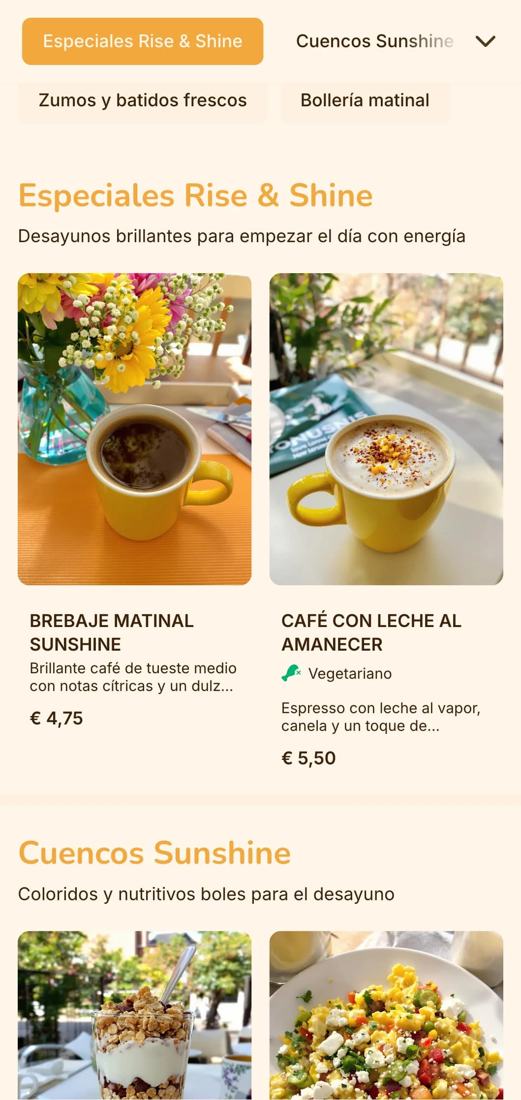 Alegre diseño amarillo y naranja con elementos soleados para cafeterías y lugares de brunch.