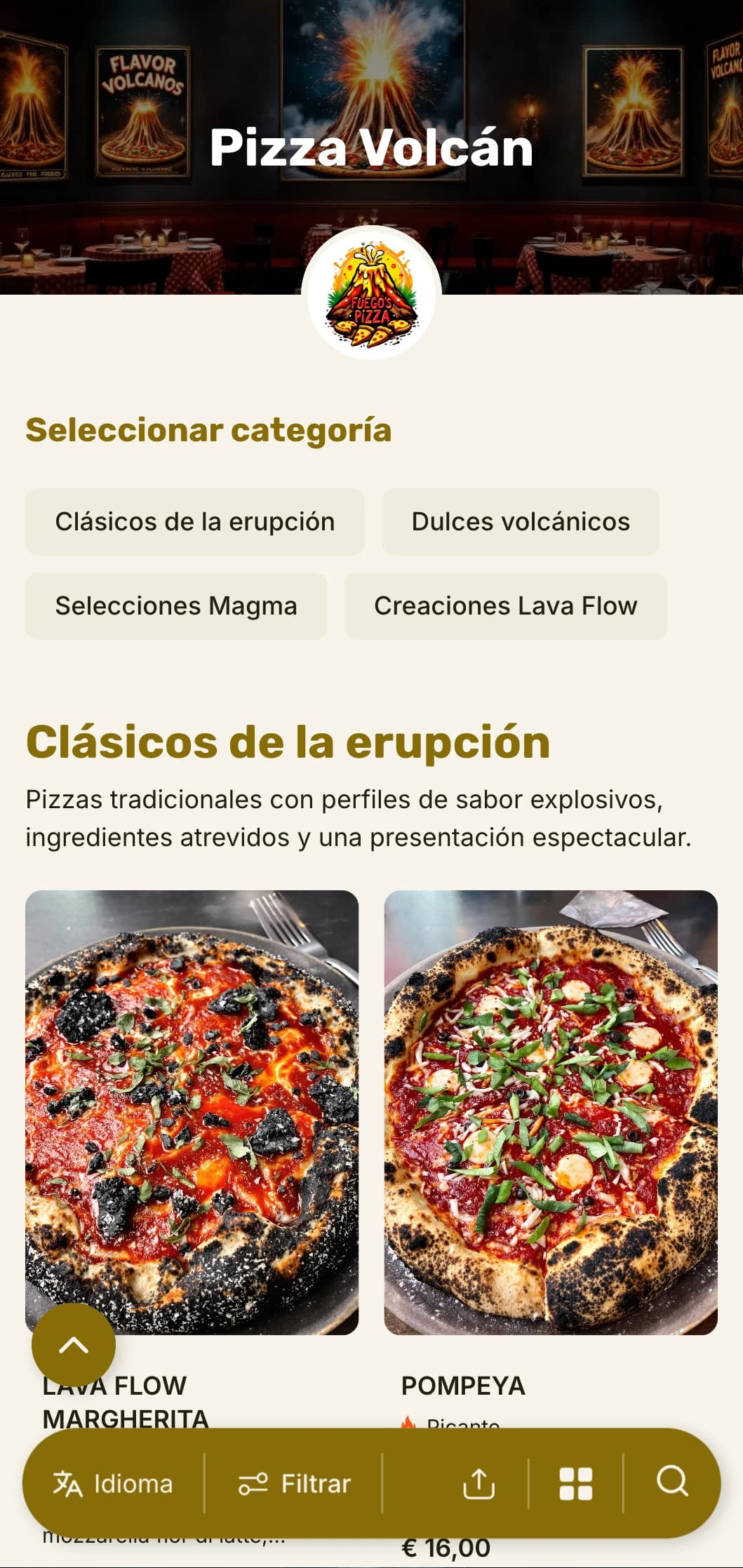 Atrevida y llamativa carta de pizzas con una jerarquía visual espectacular para pizzerías aventureras.