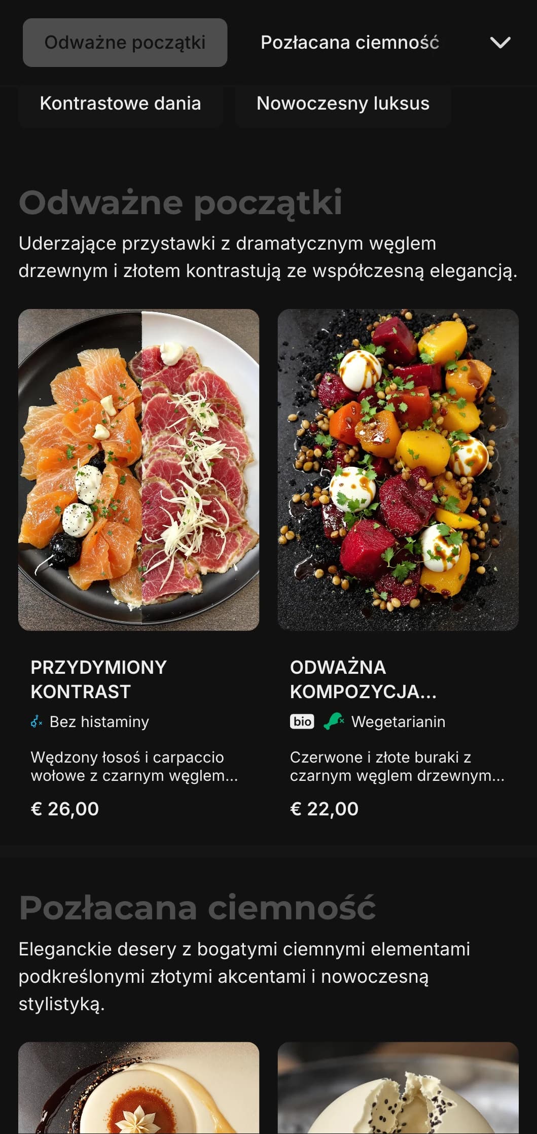 Odważna, współczesna koncepcja łącząca głębokie odcienie węgla drzewnego z luksusowymi złotymi akcentami.