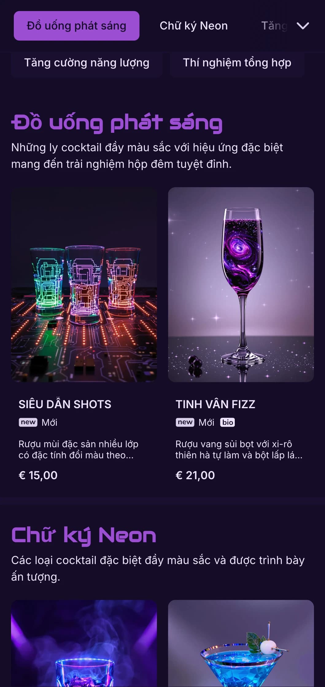 Thiết kế màu tím và đen tương phản cao với các yếu tố neon dành cho quầy bar cocktail hiện đại.