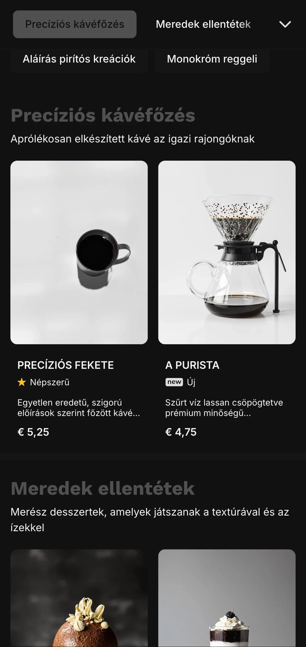 Merész fekete-fehér design erős tipográfiával, kávézók számára.