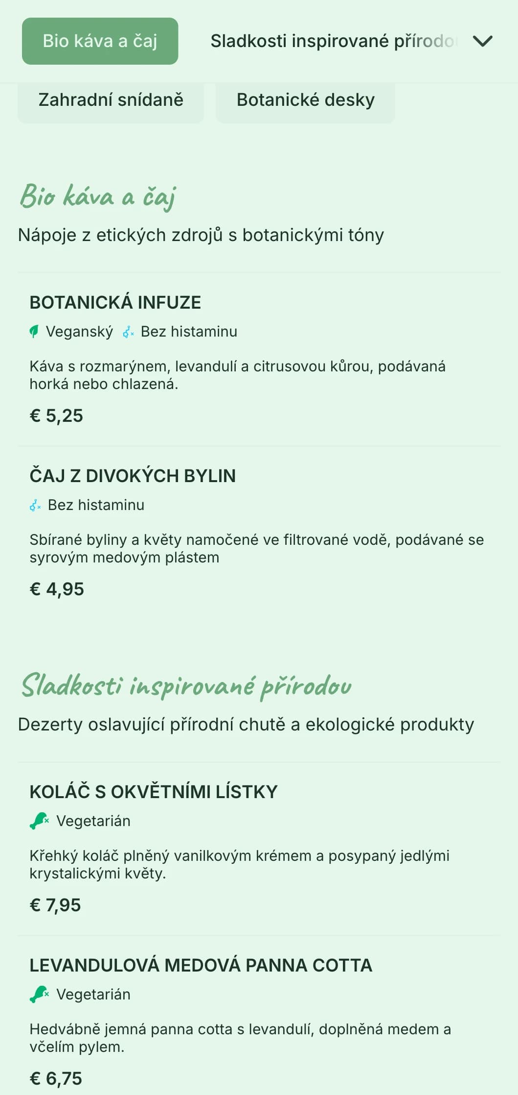 Svěží zelený design s botanickými prvky pro zahradní kavárny a ekologické brunchové podniky.