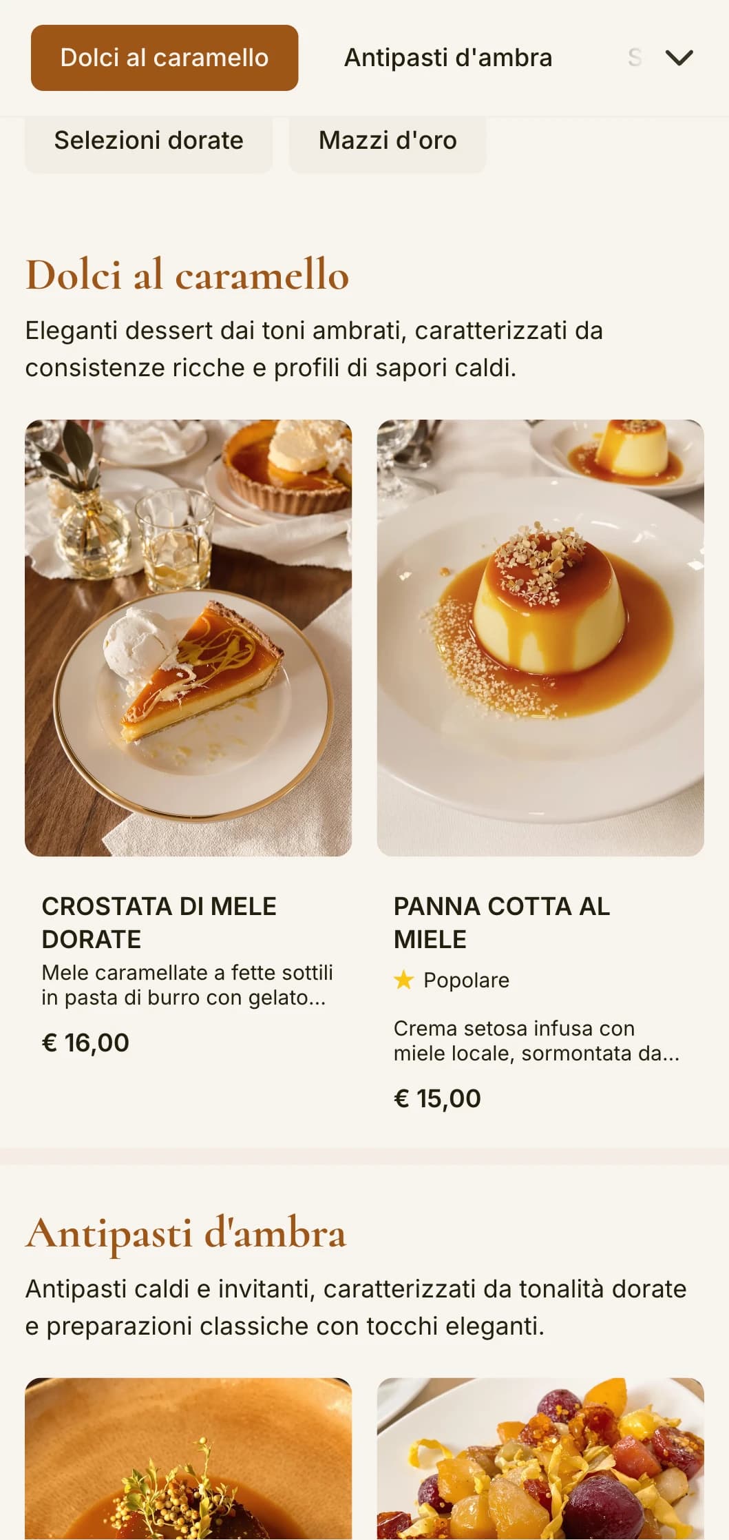 Un menu per la cena dai toni caldi e ambrati con elementi di design classici, perfetto per i locali con un'atmosfera da ora d'oro.
