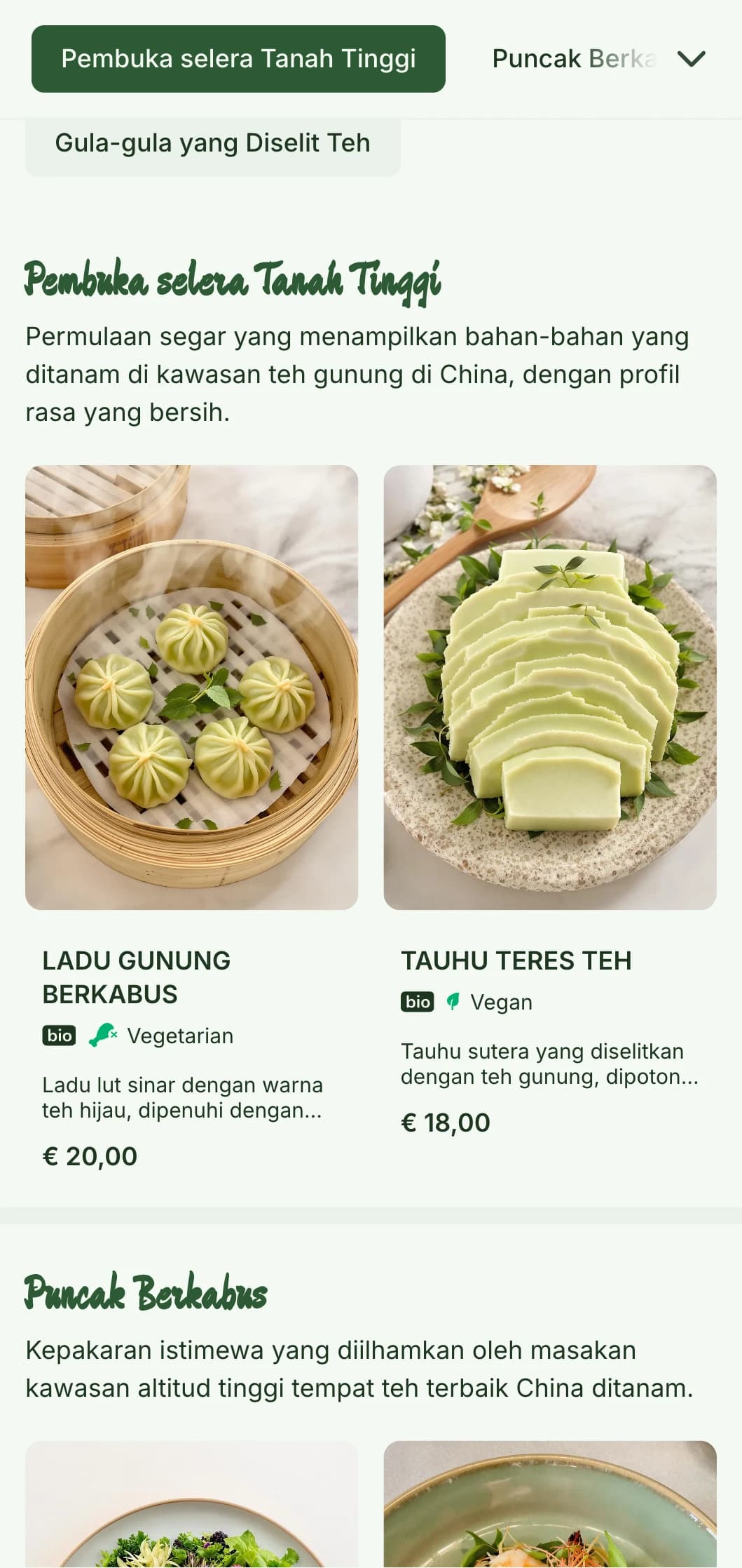 Reka bentuk menu Cina tenang yang diilhamkan oleh ladang teh gunung, dengan unsur-unsur segar untuk masakan yang ditanam teh.