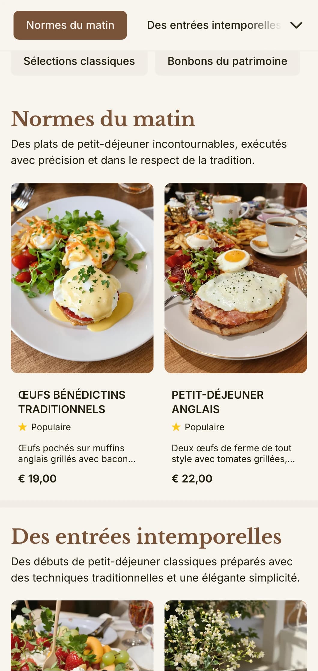 Des petits déjeuners intemporels préparés avec soin et précision, présentés de manière élégante et traditionnelle.