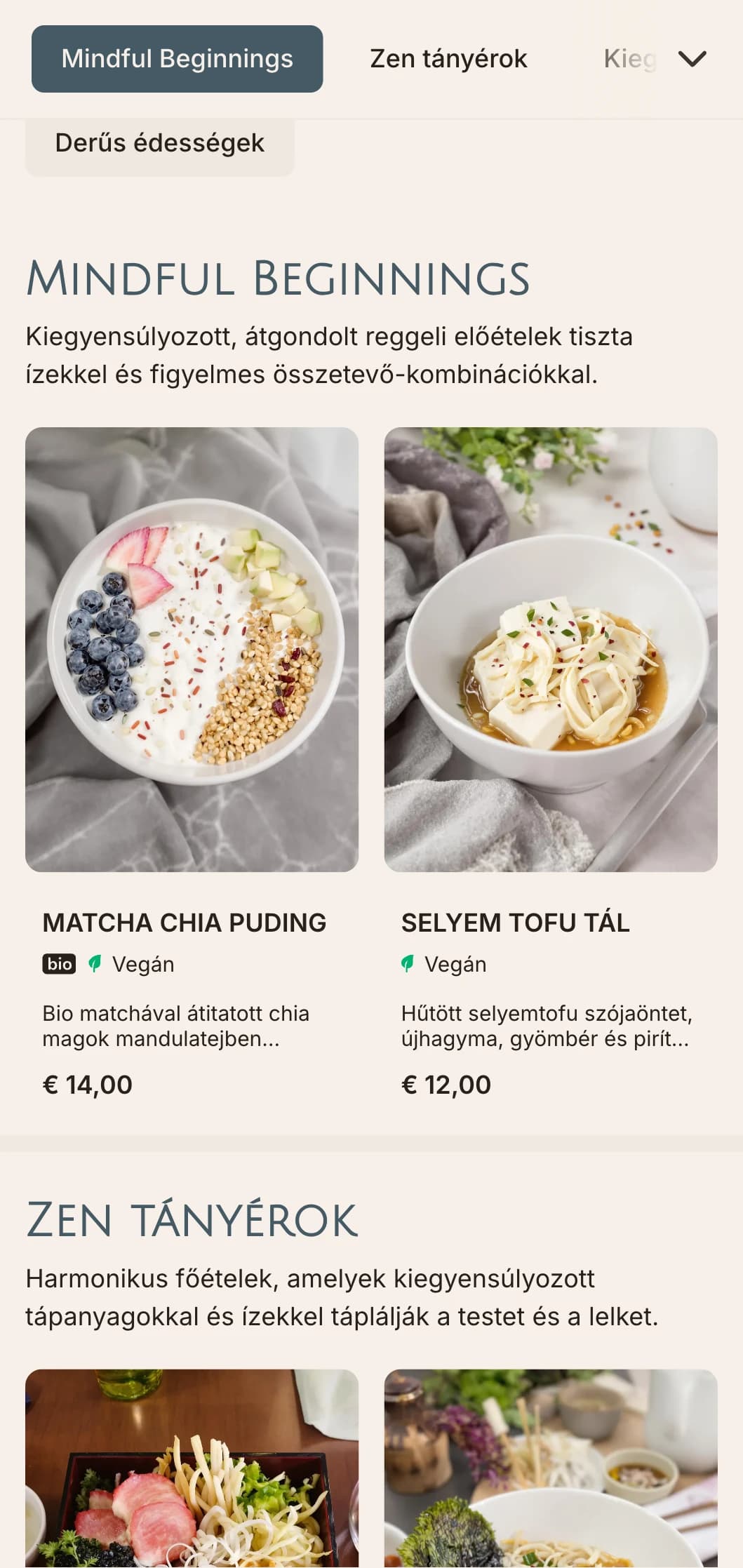 Nyugodt, kiegyensúlyozott brunch sablon ázsiai hatásokkal, alkalmas matcha és tudatosan étkezési élményt nyújtó wellness kávézókba.