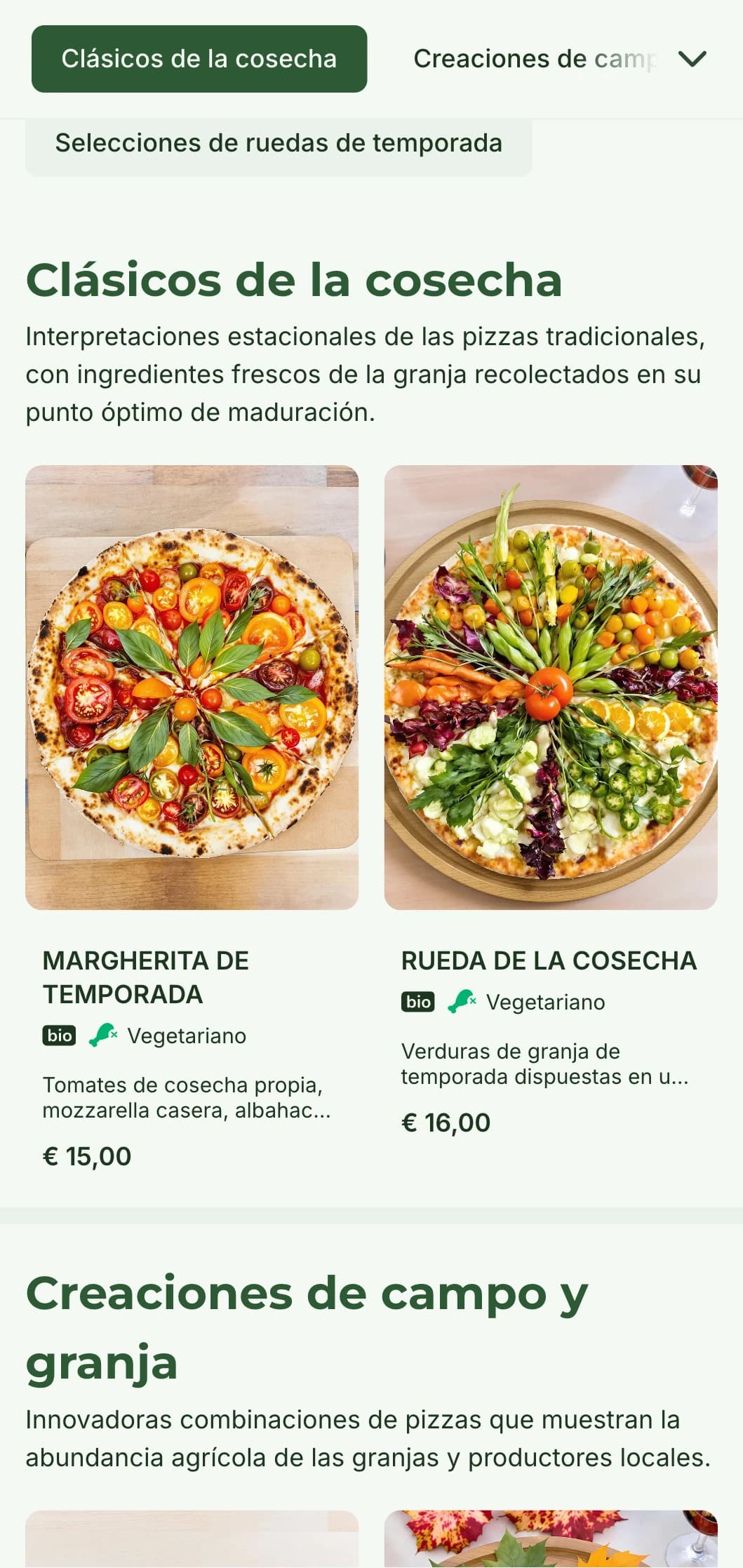 Pizzas de la granja a la mesa con ingredientes de temporada y preparación rústica.