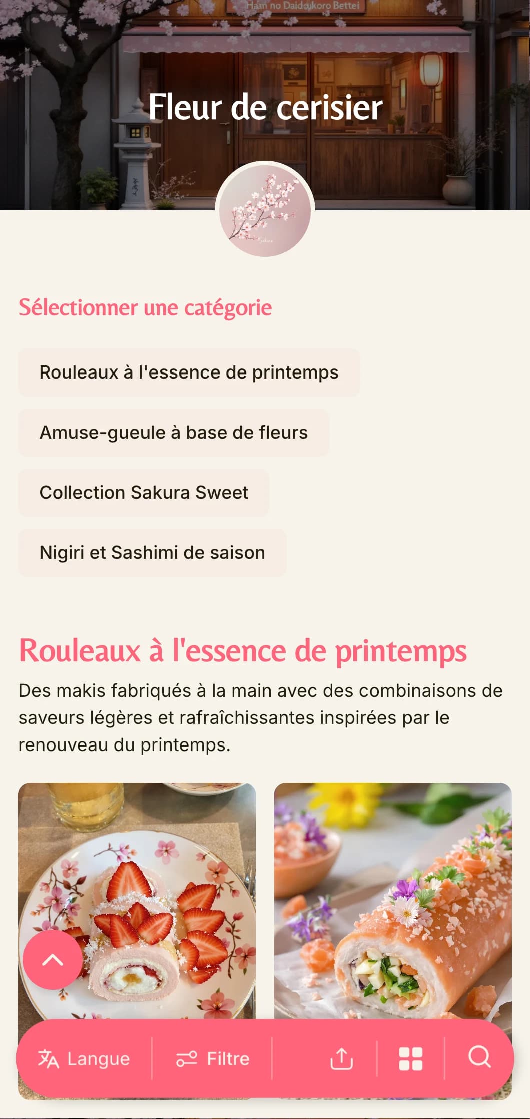 Menu de sushis délicats, d'inspiration printanière, avec des accents de fleurs de cerisier d'un rose tendre sur fond de crème chaude.