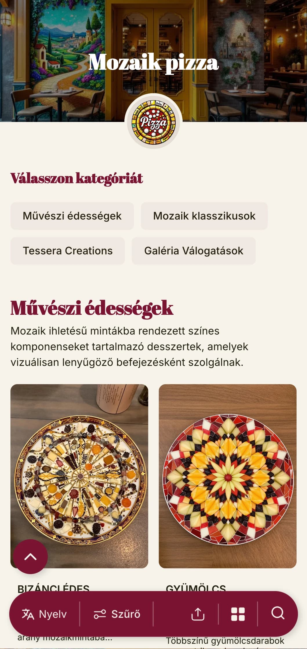 Színes, művészi pizzamenü, amelyet az olasz mozaikművészet ihletett, vibráló elemekkel.