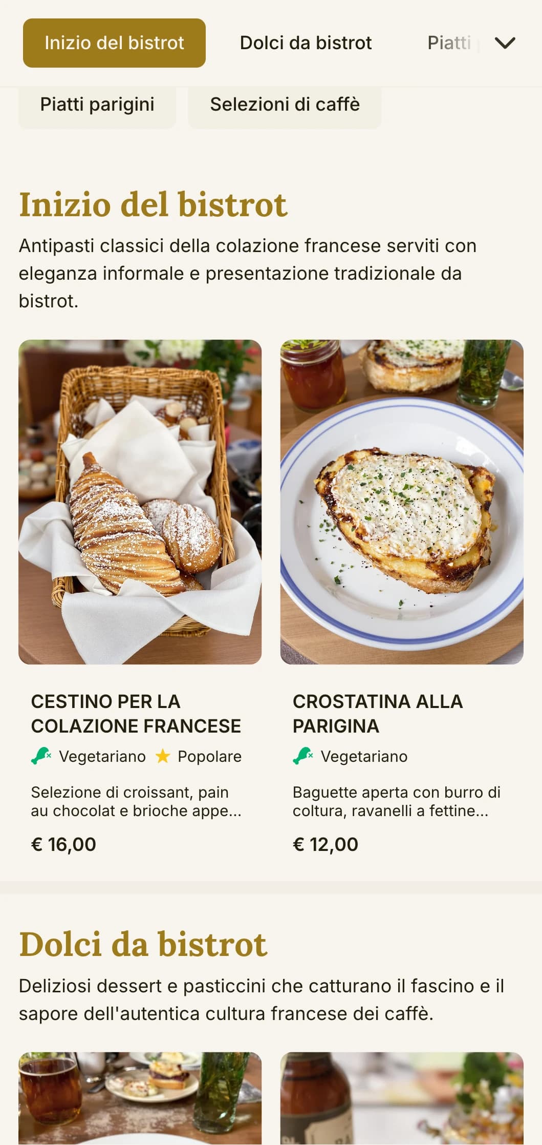 Modello di brunch di ispirazione bistrot francese con elementi classici, adatto a caffetterie in stile europeo e ristoranti casual di alto livello.