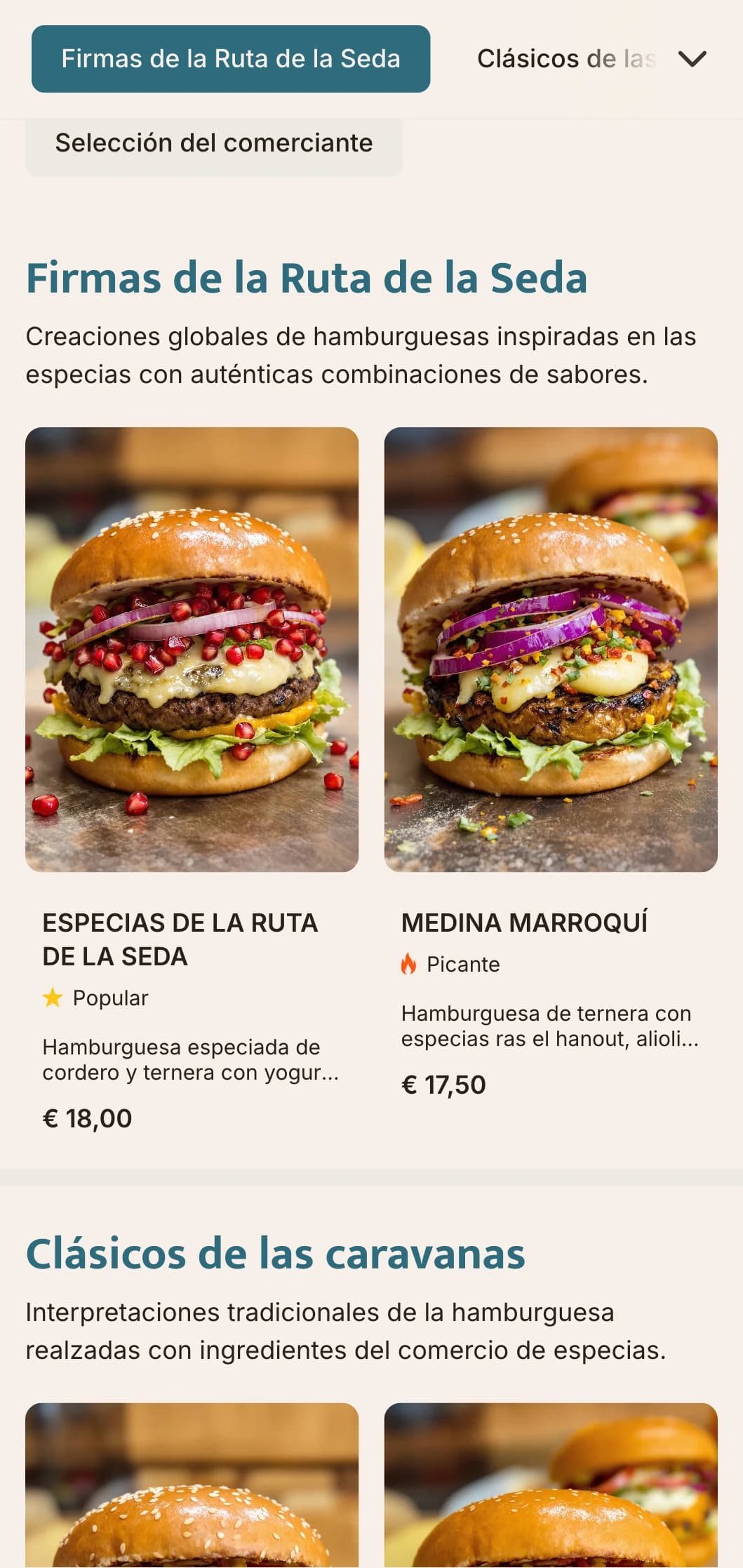 Menú de hamburguesas inspirado en el comercio de especias con perfiles de sabores globales y referencias históricas.