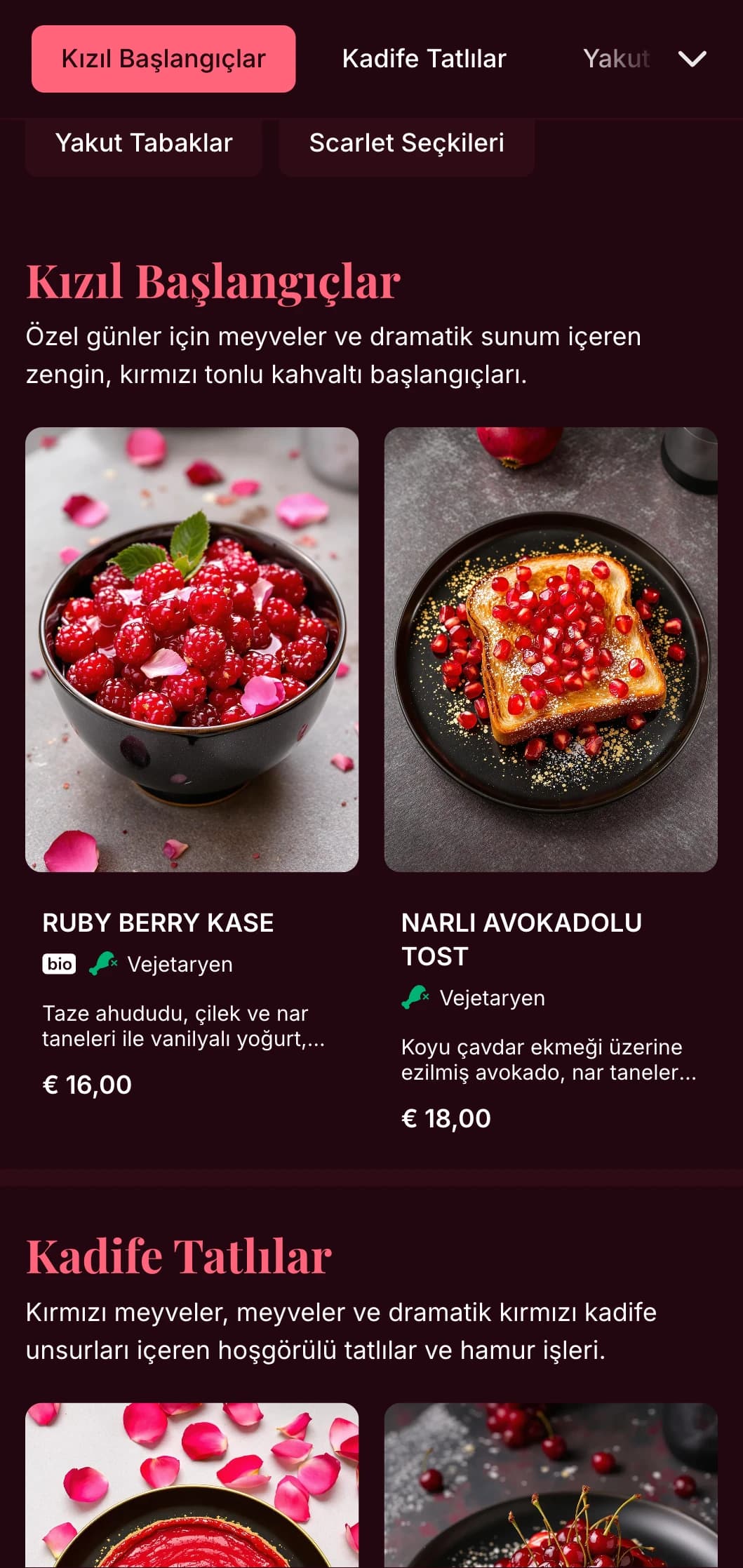 Romantik brunch ortamları ve özel günler için uygun, lüks detaylara sahip zengin, kırmızı tonlu brunch şablonu.