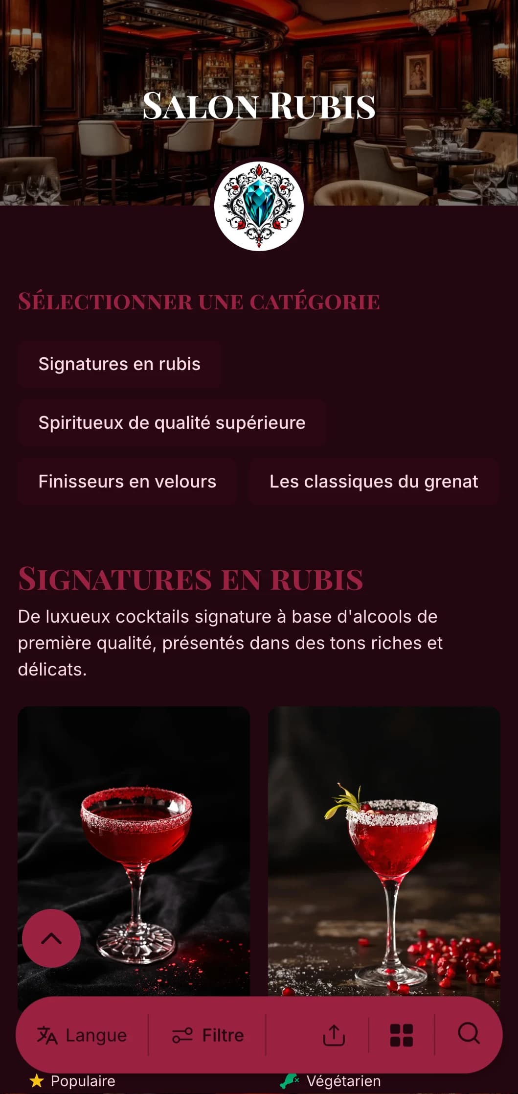 Un design luxueux, aux tons de joyaux, pour les bars à cocktails et les salons haut de gamme, avec de riches accents de rubis et une typographie élégante.