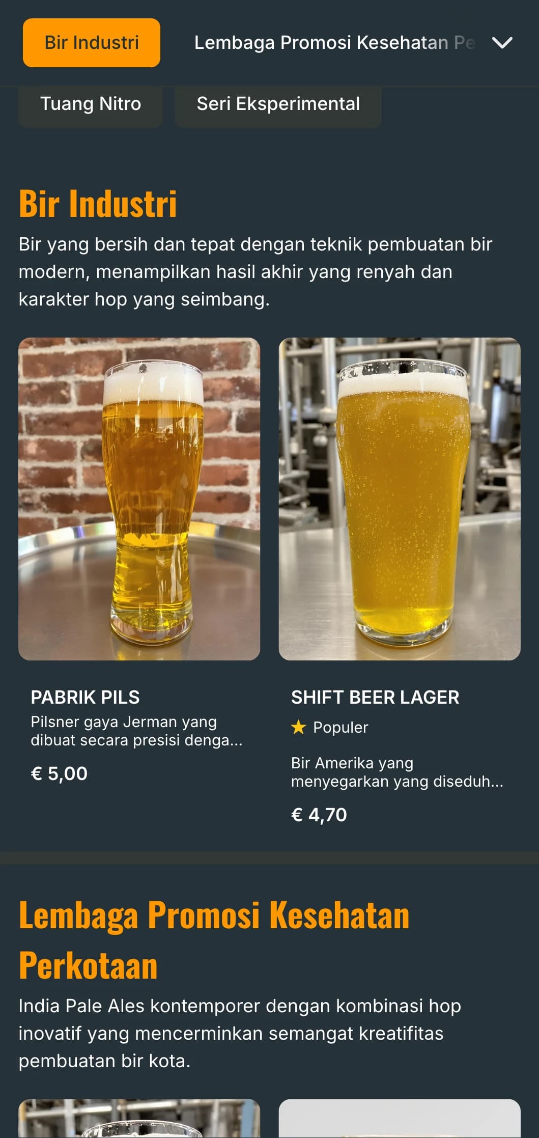 Templat yang terinspirasi dari industri dengan aksen logam dan estetika perkotaan, ideal untuk brewpub kota dan ruang minum modern.