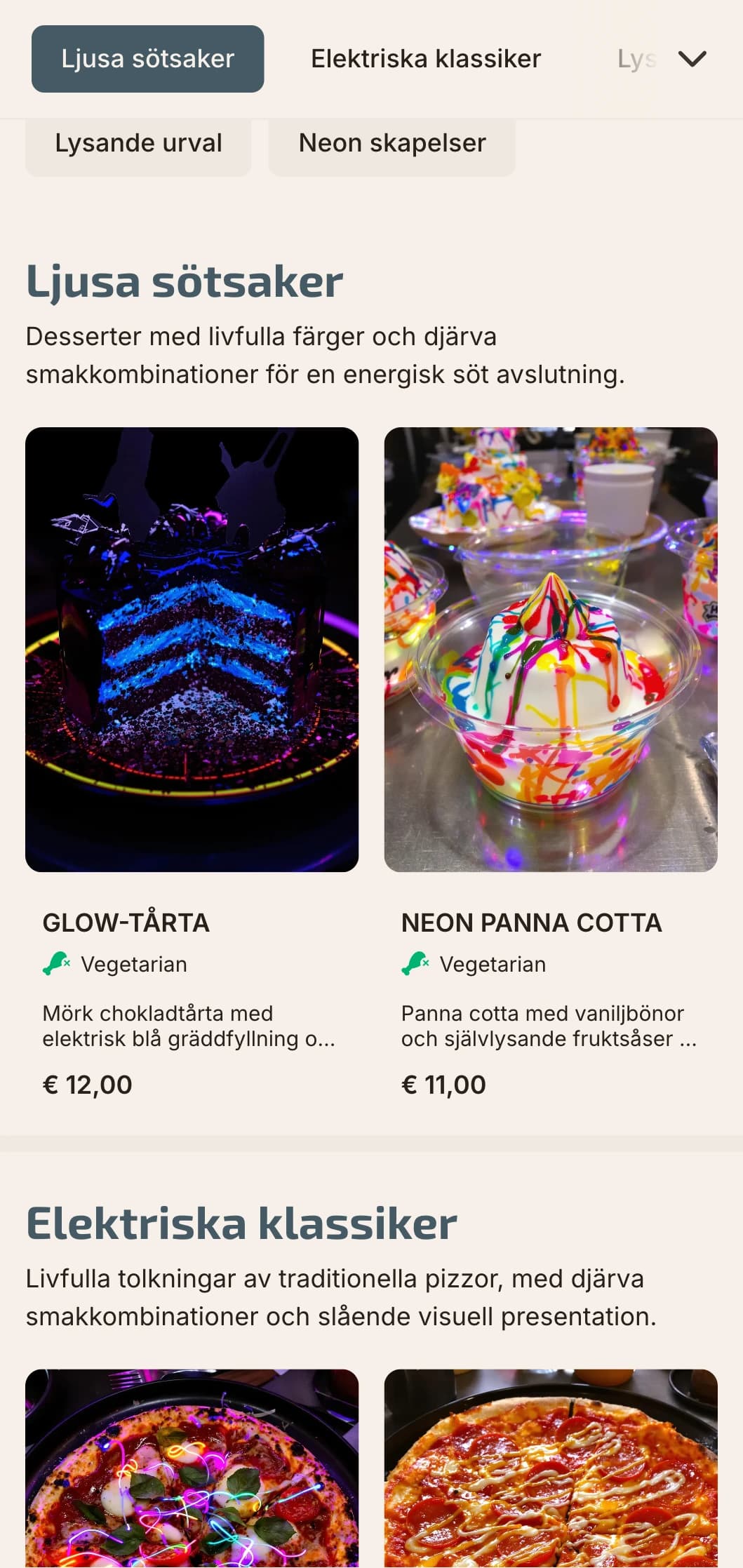 Modern pizzameny med neonfärger och modern urban estetik.