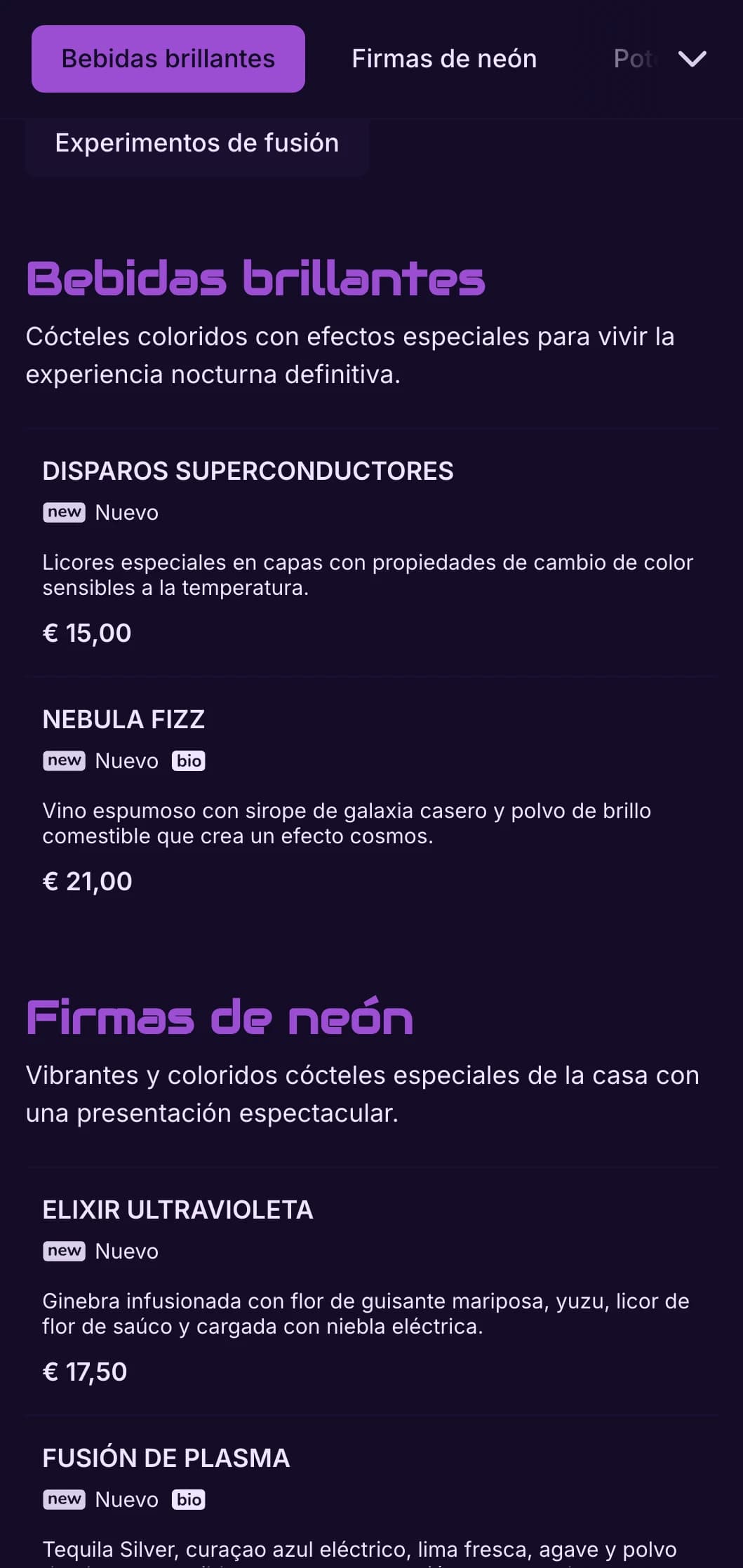 Diseño de alto contraste en morado y negro con elementos de neón para bares de cócteles contemporáneos.