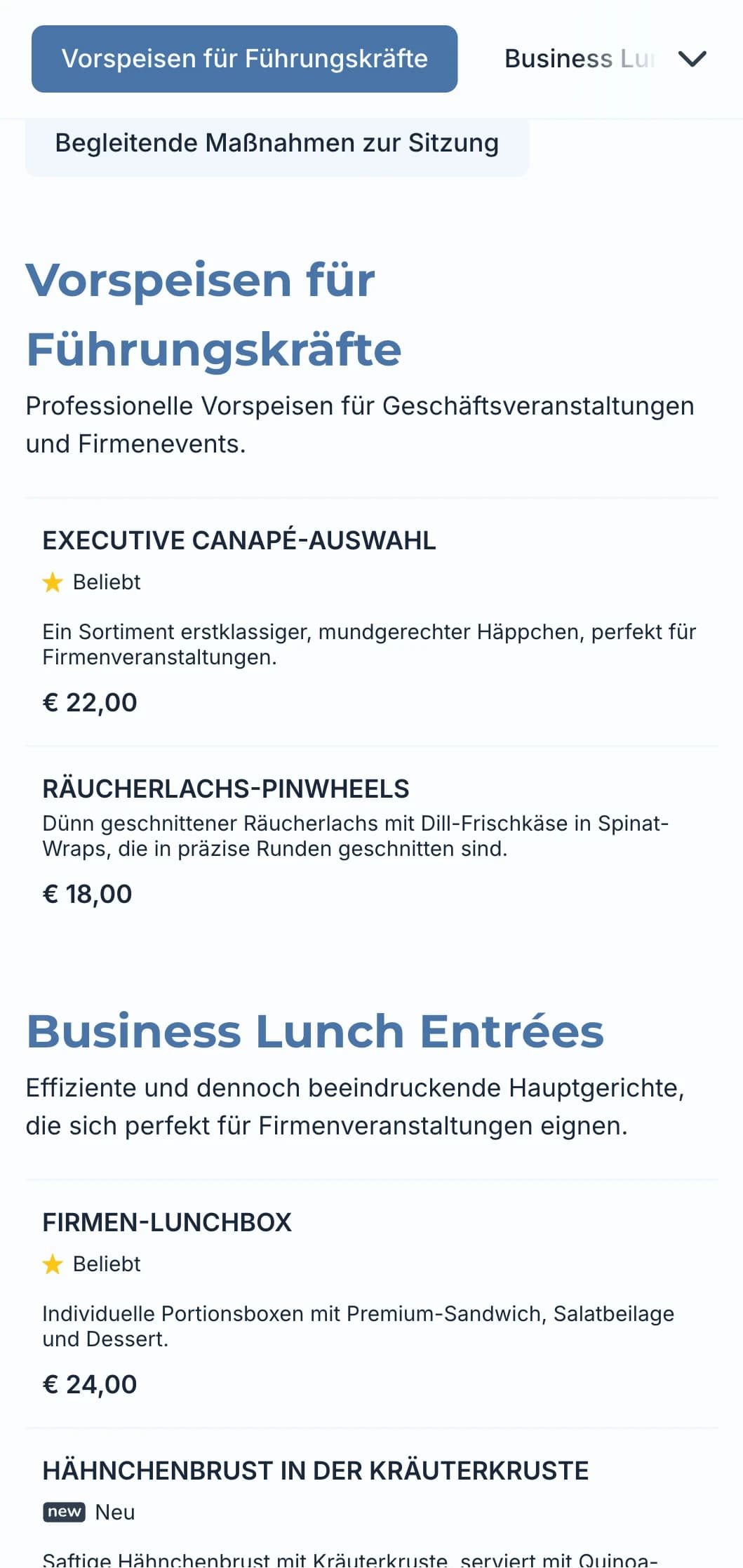 Professioneller Cateringservice für Geschäftstreffen und Firmenveranstaltungen mit Schwerpunkt auf effizientem Service und hochwertiger Präsentation.