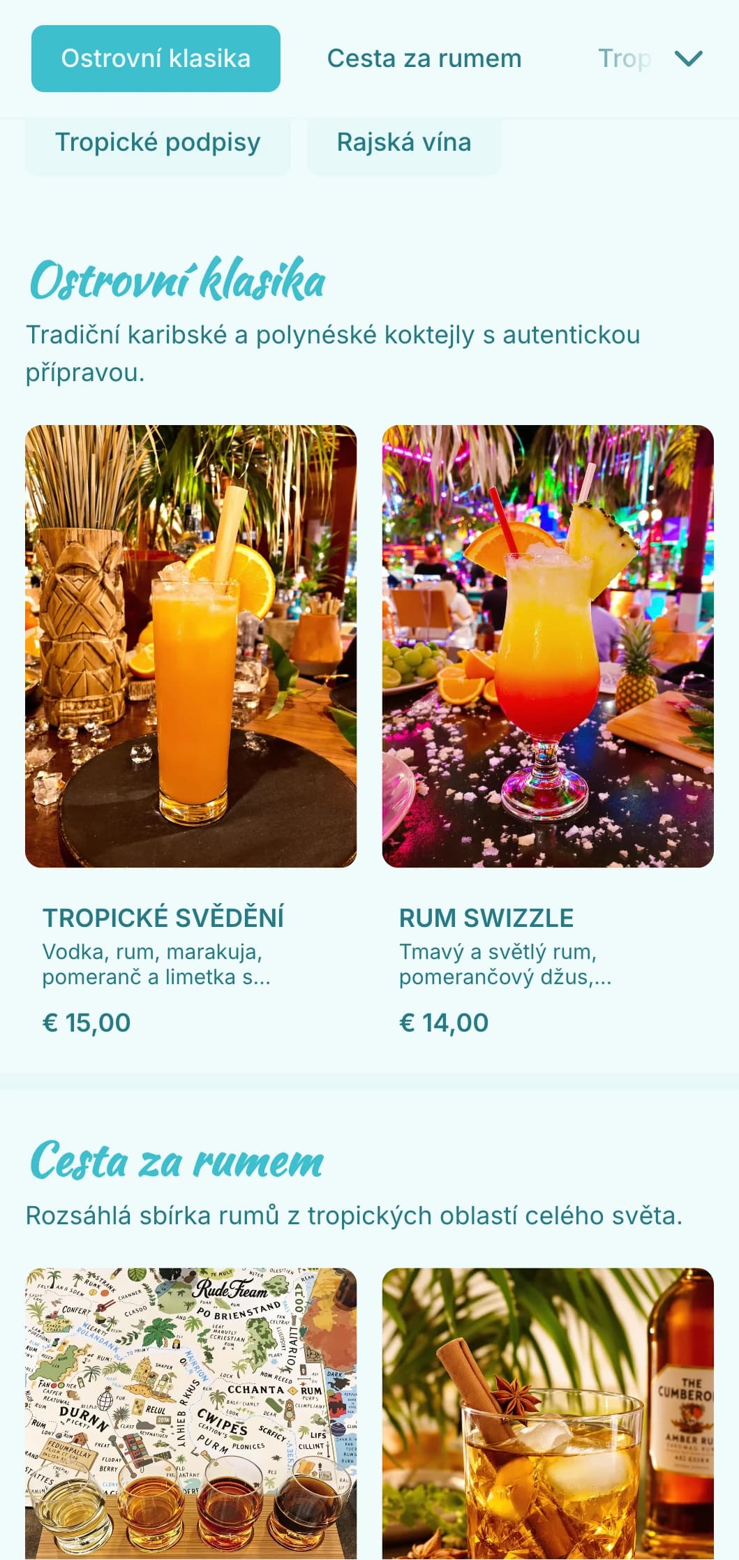 Světlý tyrkysový design s tropickými prvky pro tiki a rumové bary.