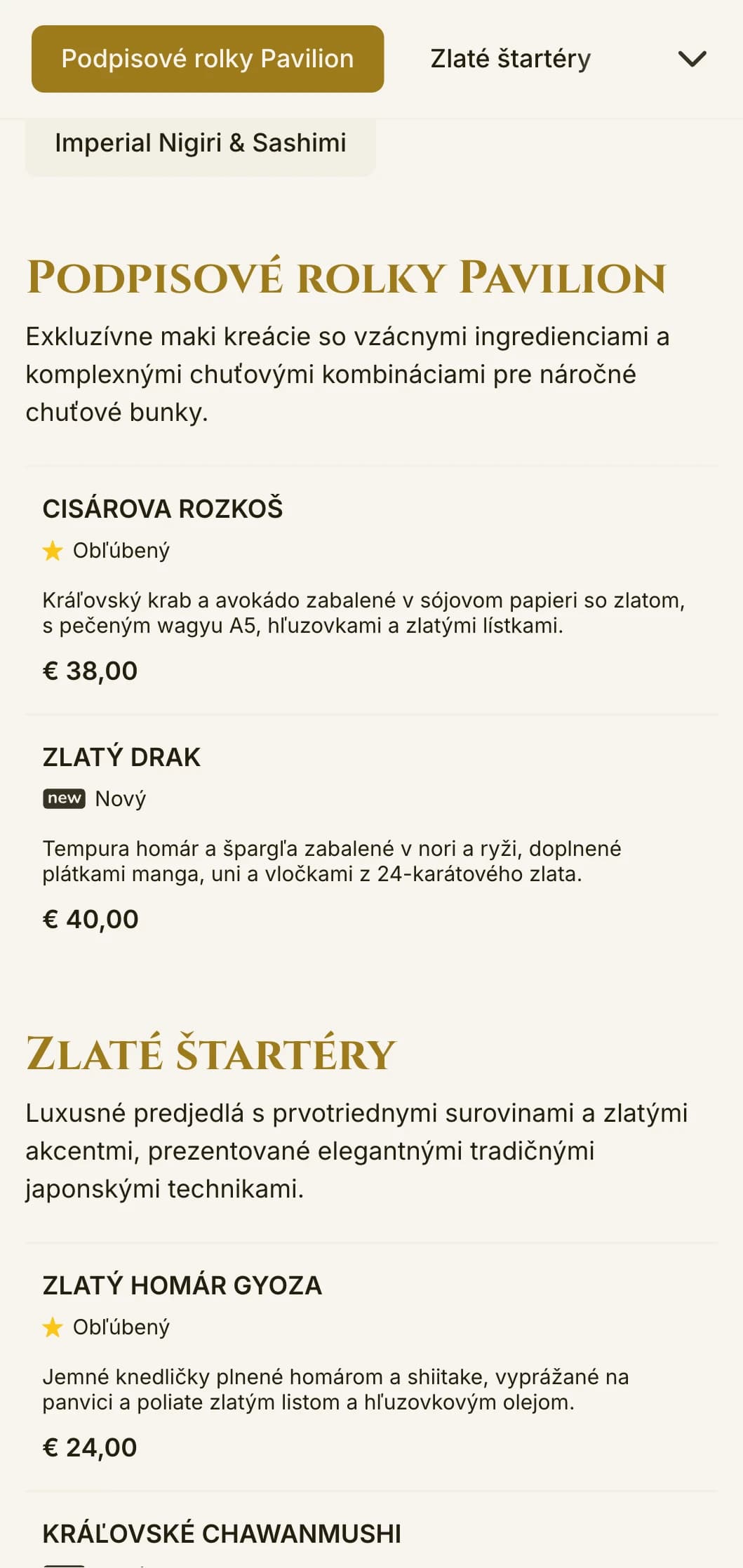 Luxusné sushi menu so zlatým akcentom inšpirované slávnym chrámom v Kjóte s elegantnou typografiou a tradičnými prvkami.