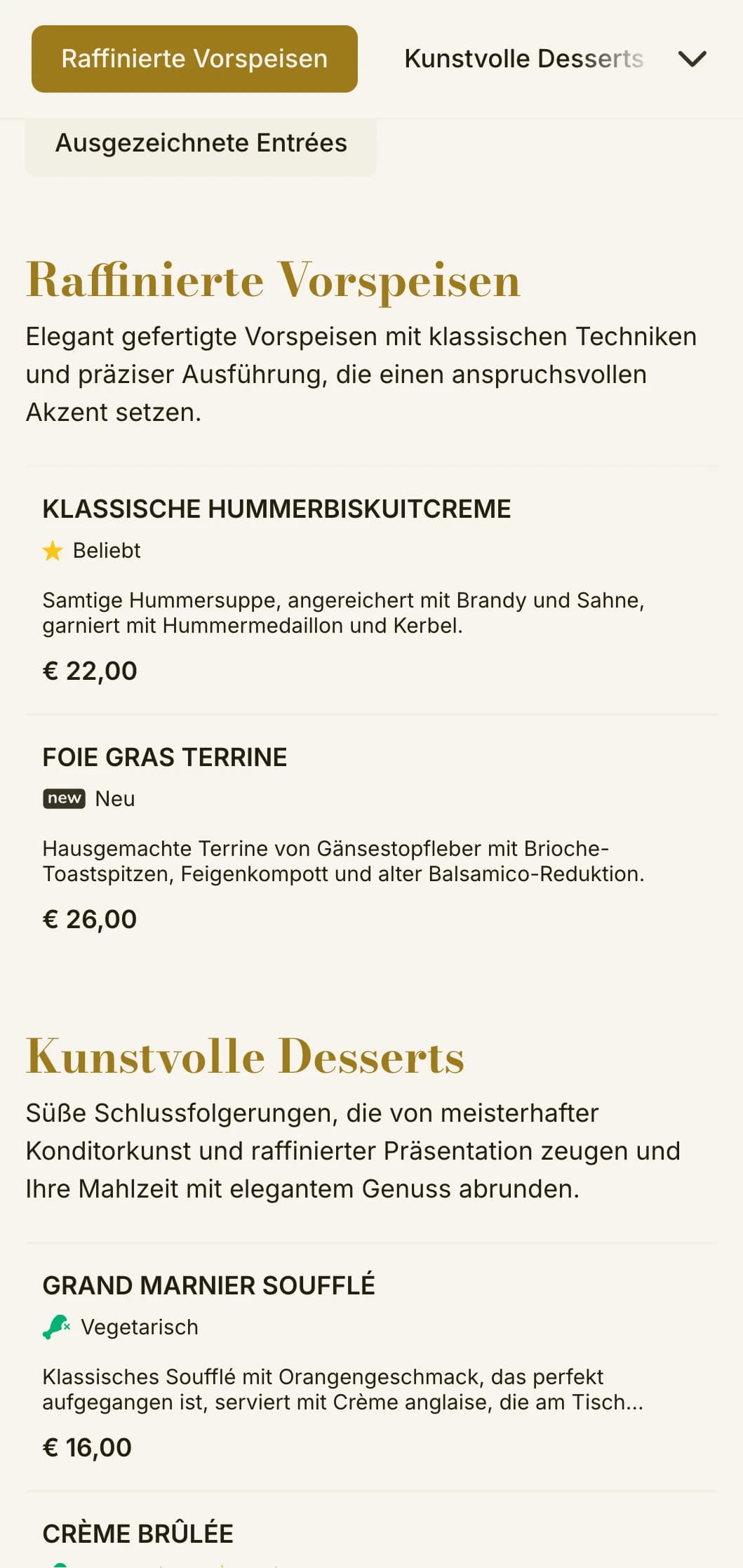 Raffiniertes, anspruchsvolles Design für Mittagsmenüs mit zarter Typografie und klassischen Proportionen, geeignet für gehobene Restaurants und Einrichtungen, die Mittagstisch anbieten.
