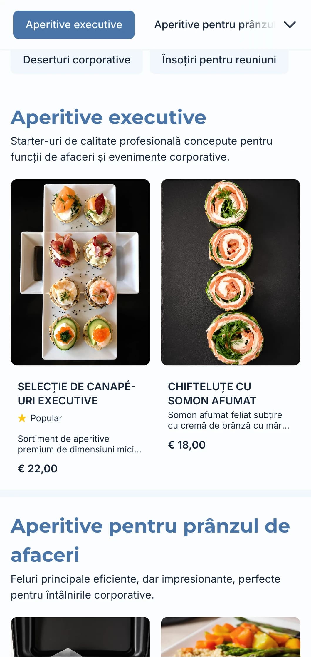 Serviciu profesional de catering conceput pentru întâlniri de afaceri și evenimente corporative, axat pe servicii eficiente și prezentare de calitate.