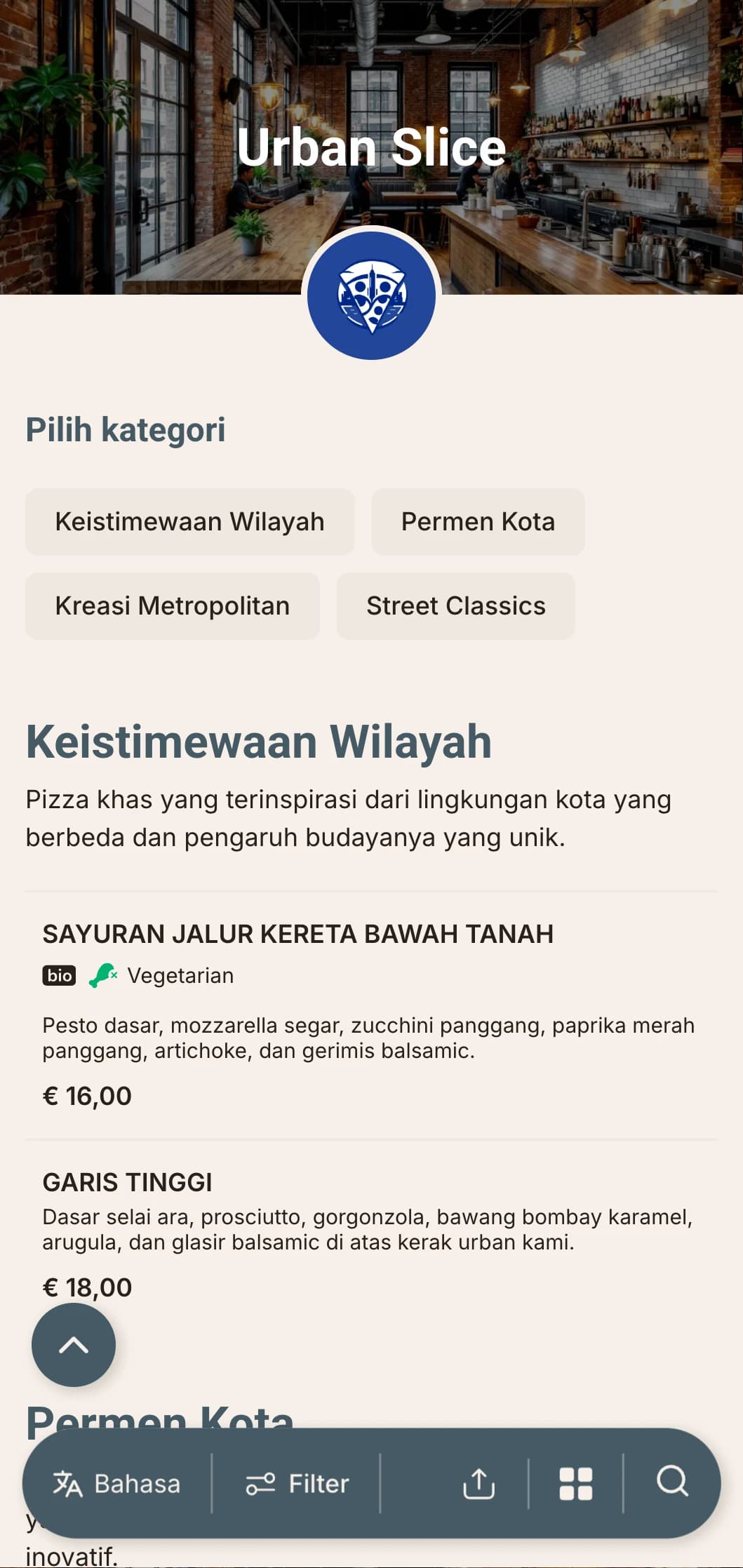 Menu pizza kontemporer perkotaan dengan elemen desain industrial, cocok untuk restoran pizza di pusat kota.