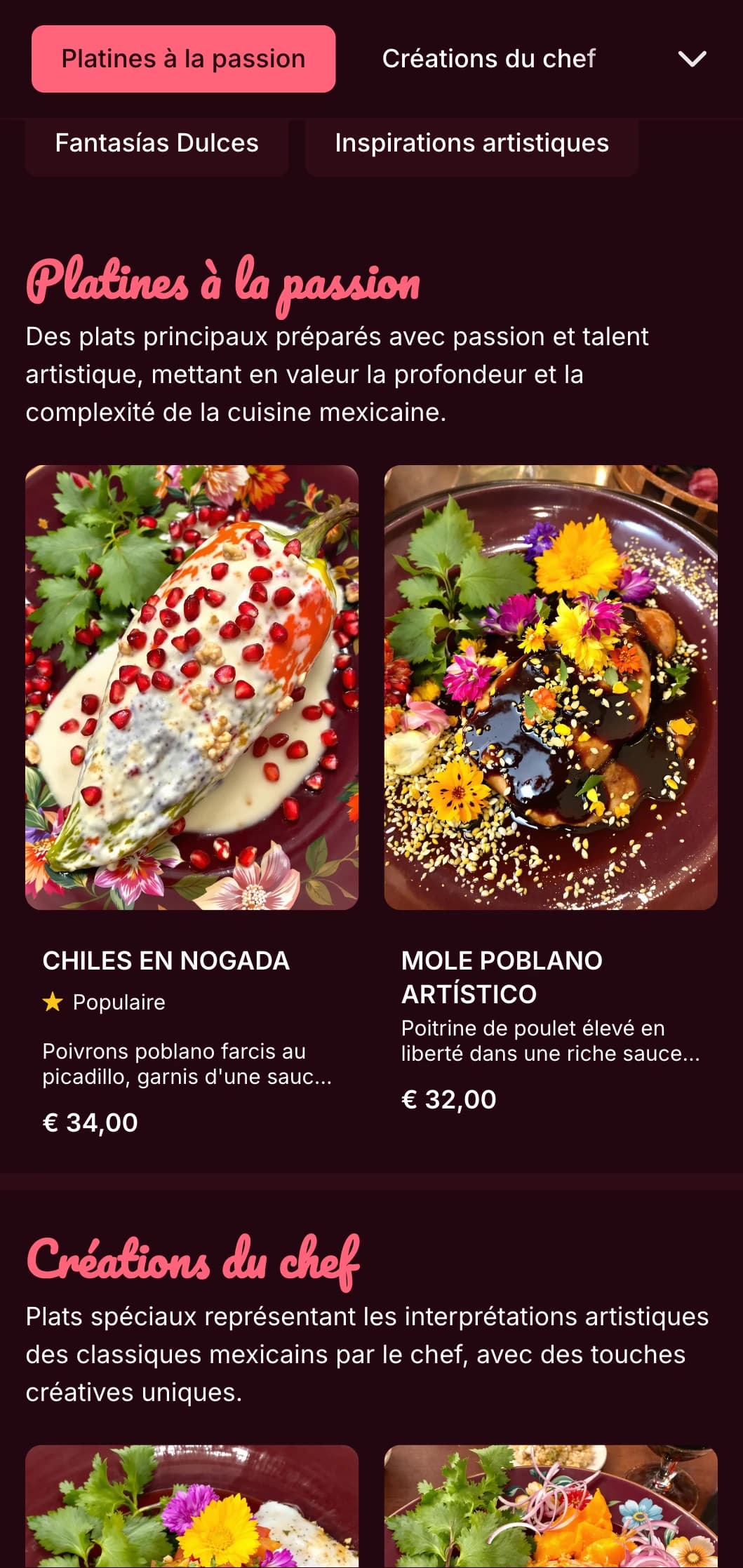 Menu artistique et dynamique inspiré par Frida Kahlo, avec des touches de rose vif, des plats mexicains colorés et des présentations créatives.
