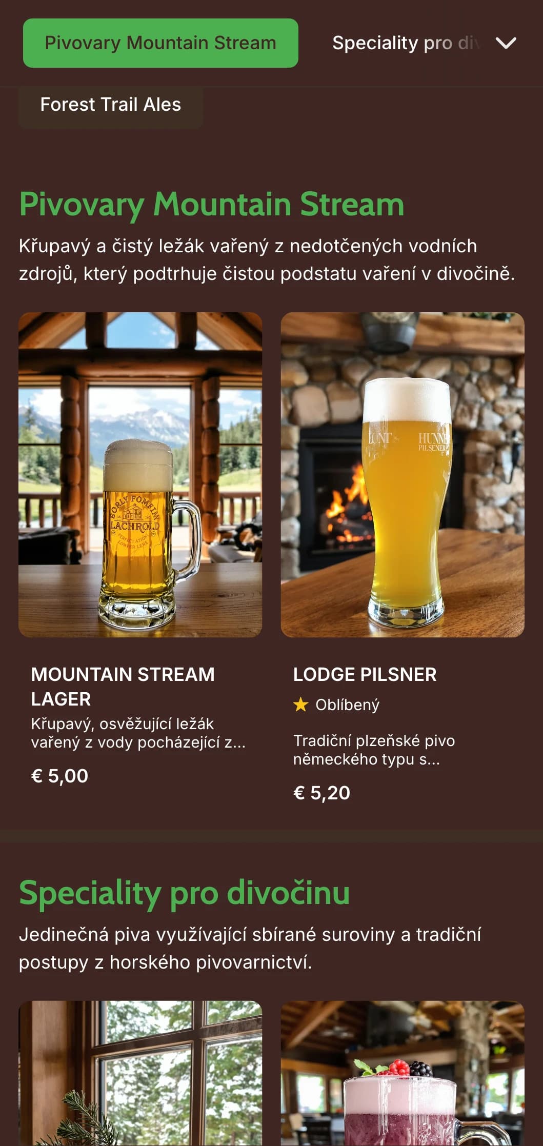 Rustikální a hřejivý design inspirovaný horskými chatami s dřevěnými texturami a outdoorovými prvky pro pivovary s tematikou divočiny.