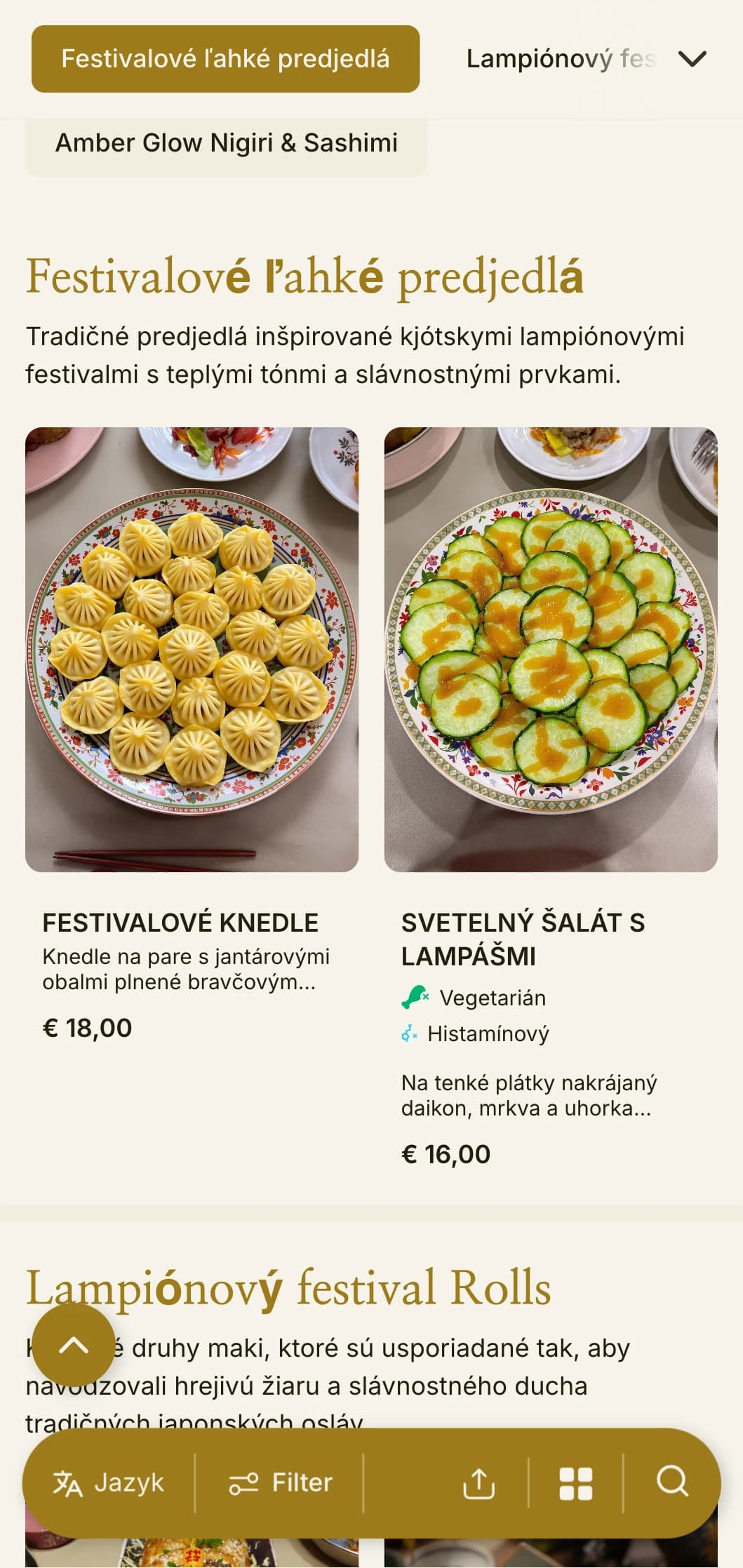 Tradičné sushi menu inšpirované lampášmi s teplými jantárovými tónmi pre autentickú japonskú atmosféru.