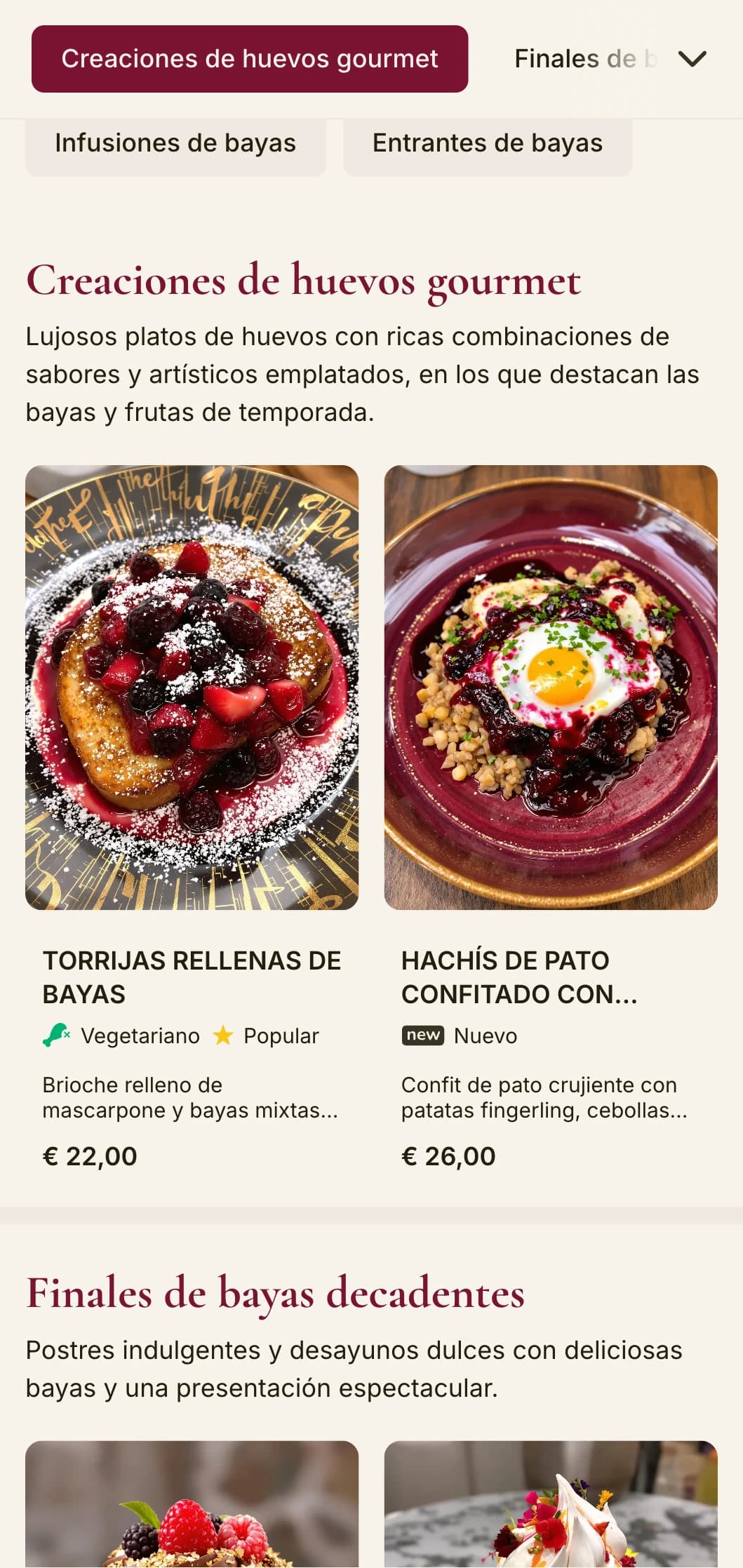 Vibrante plantilla de brunch con ricos tonos de bayas y elegante tipografía, diseñada para cafeterías con platos frutales de autor.