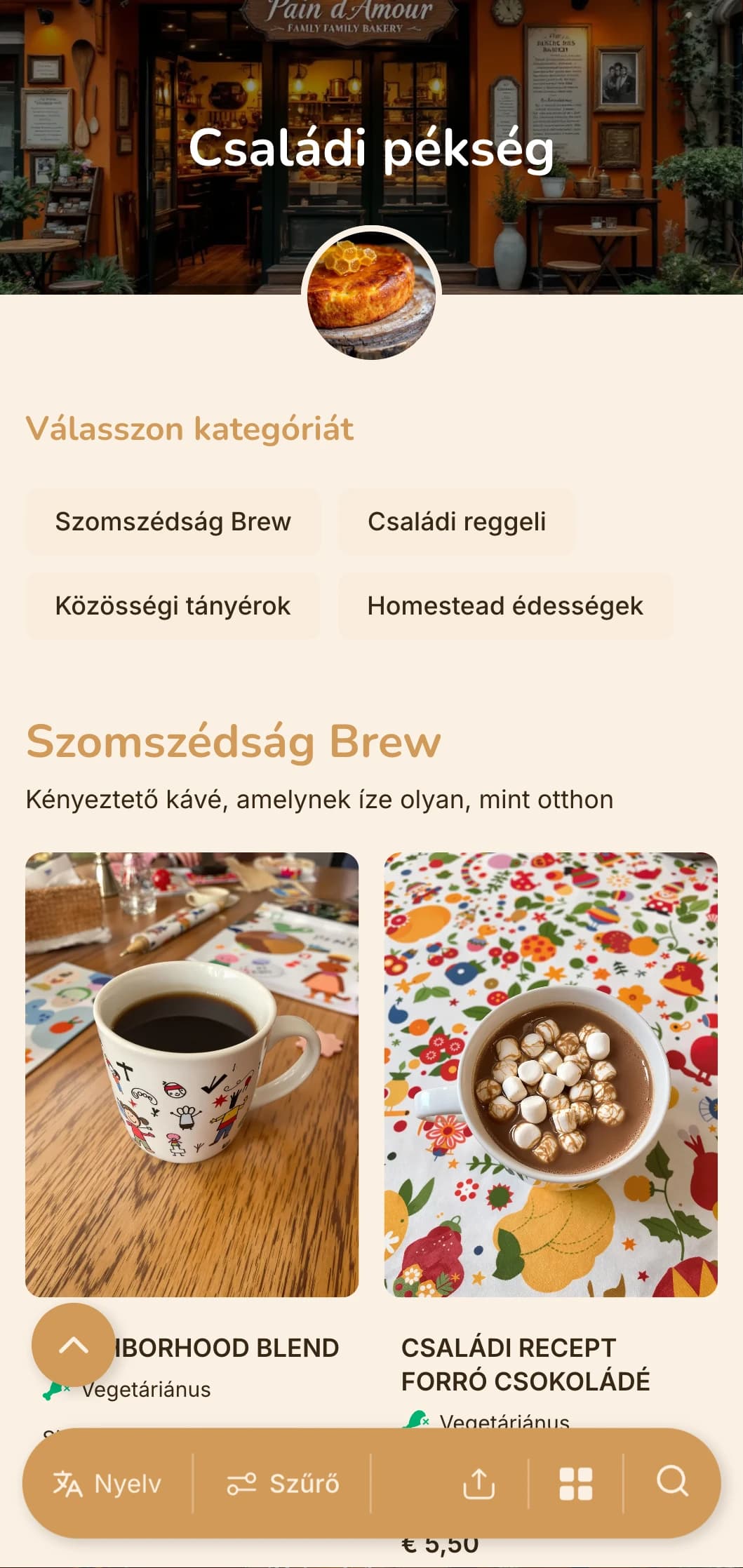 Meleg narancssárga dizájn otthonos elemekkel családi pékségek és környékbeli kávézók számára.