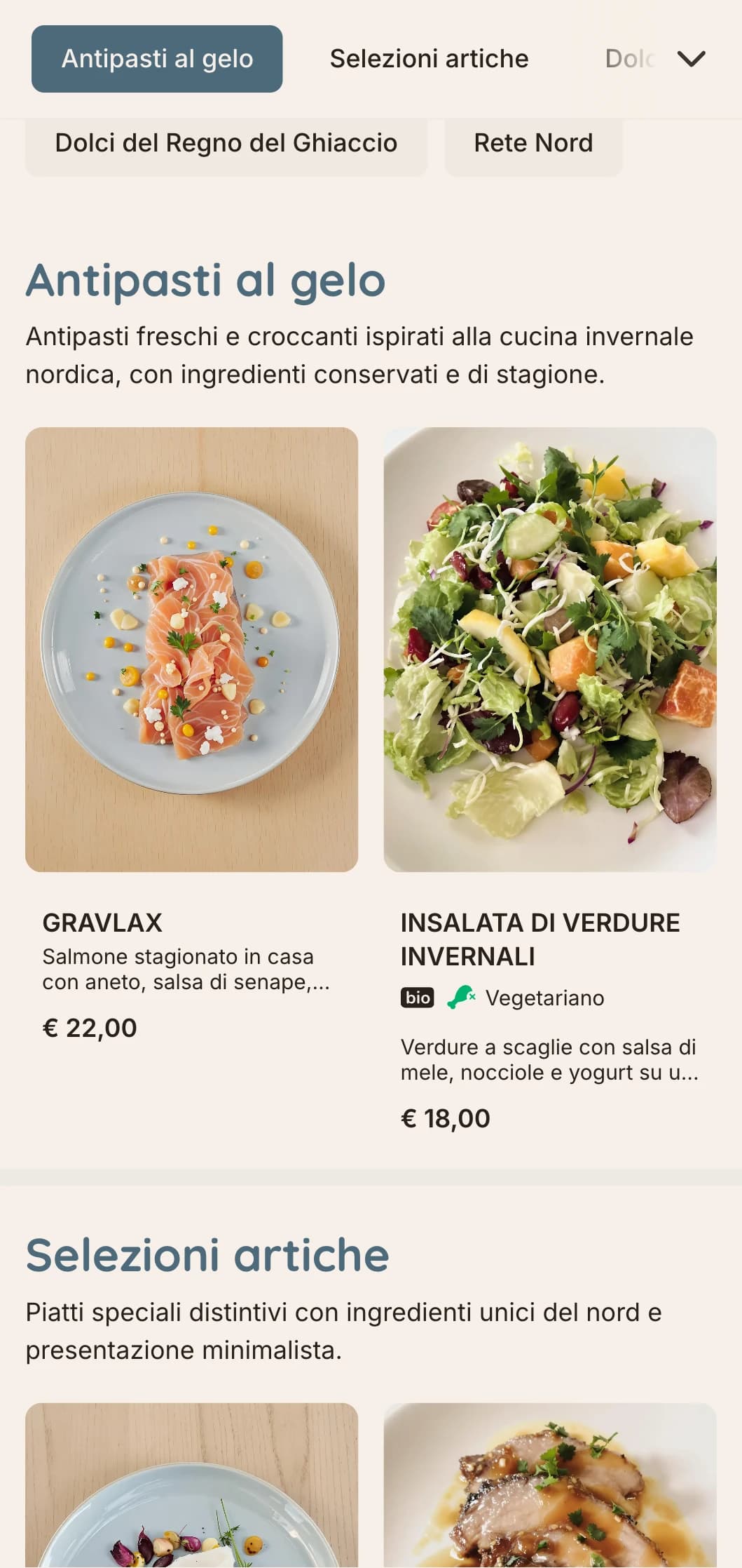 Un menu fresco e frizzante con influenze invernali scandinave, caratterizzato da toni blu ghiaccio e linee pulite, perfette per la cucina nordica.