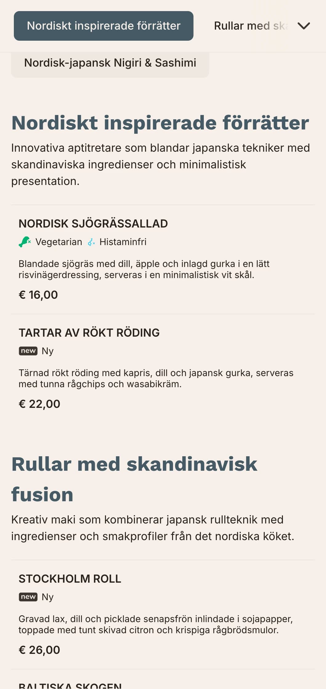 Modern fusion-sushimeny som kombinerar japanska traditioner med skandinavisk minimalism, med rena linjer och dämpade blåtoner.