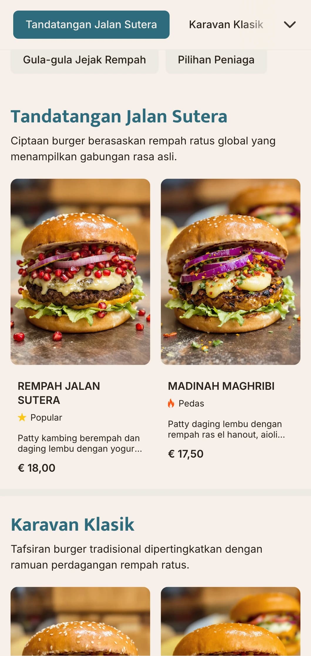 Menu burger inspirasi perdagangan rempah yang menampilkan profil perisa global dan rujukan sejarah.