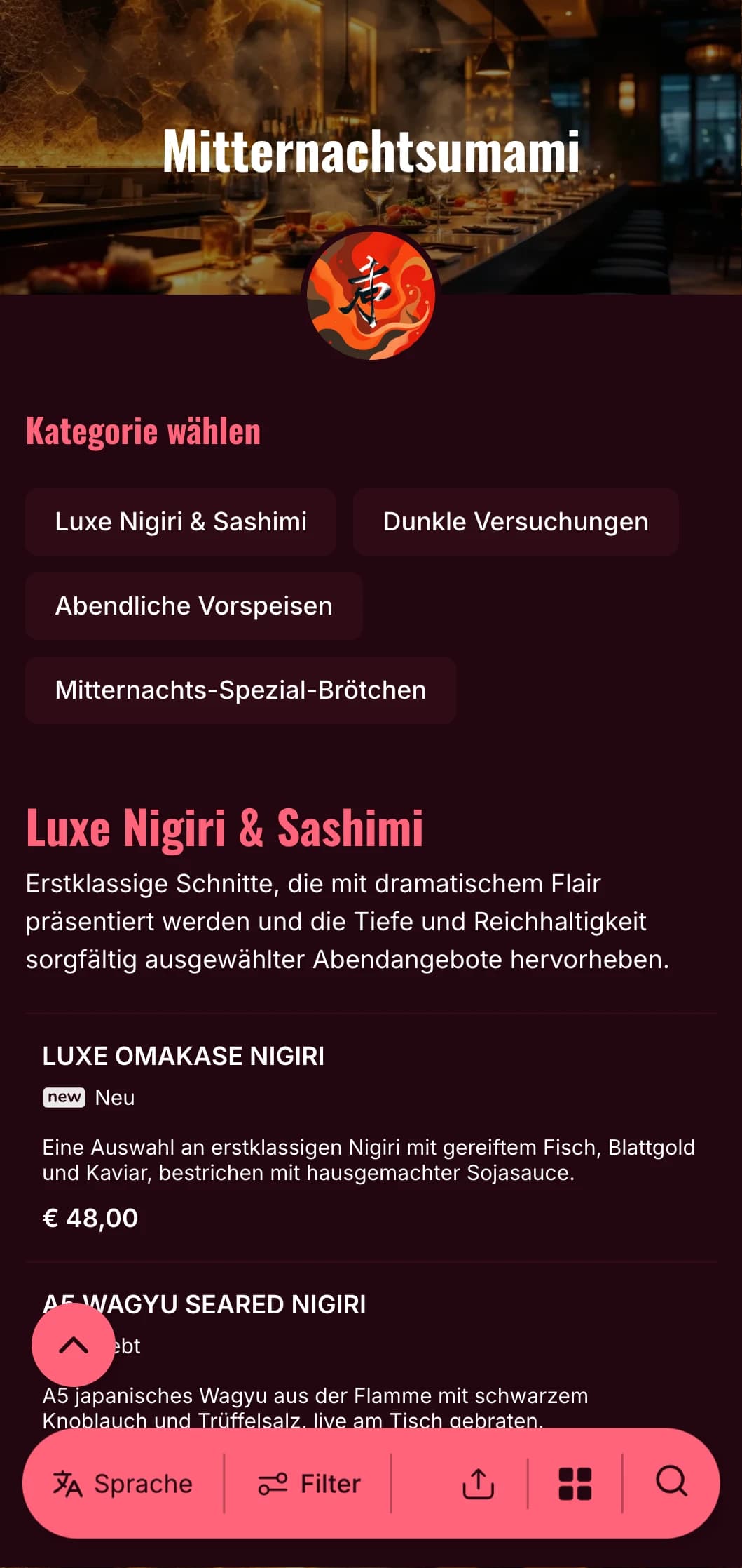Luxuriöses Sushi-Erlebnis am späten Abend mit starken Kontrasten, mit sattem Burgunderrot und hellen Akzenten vor einem tiefen Hintergrund.