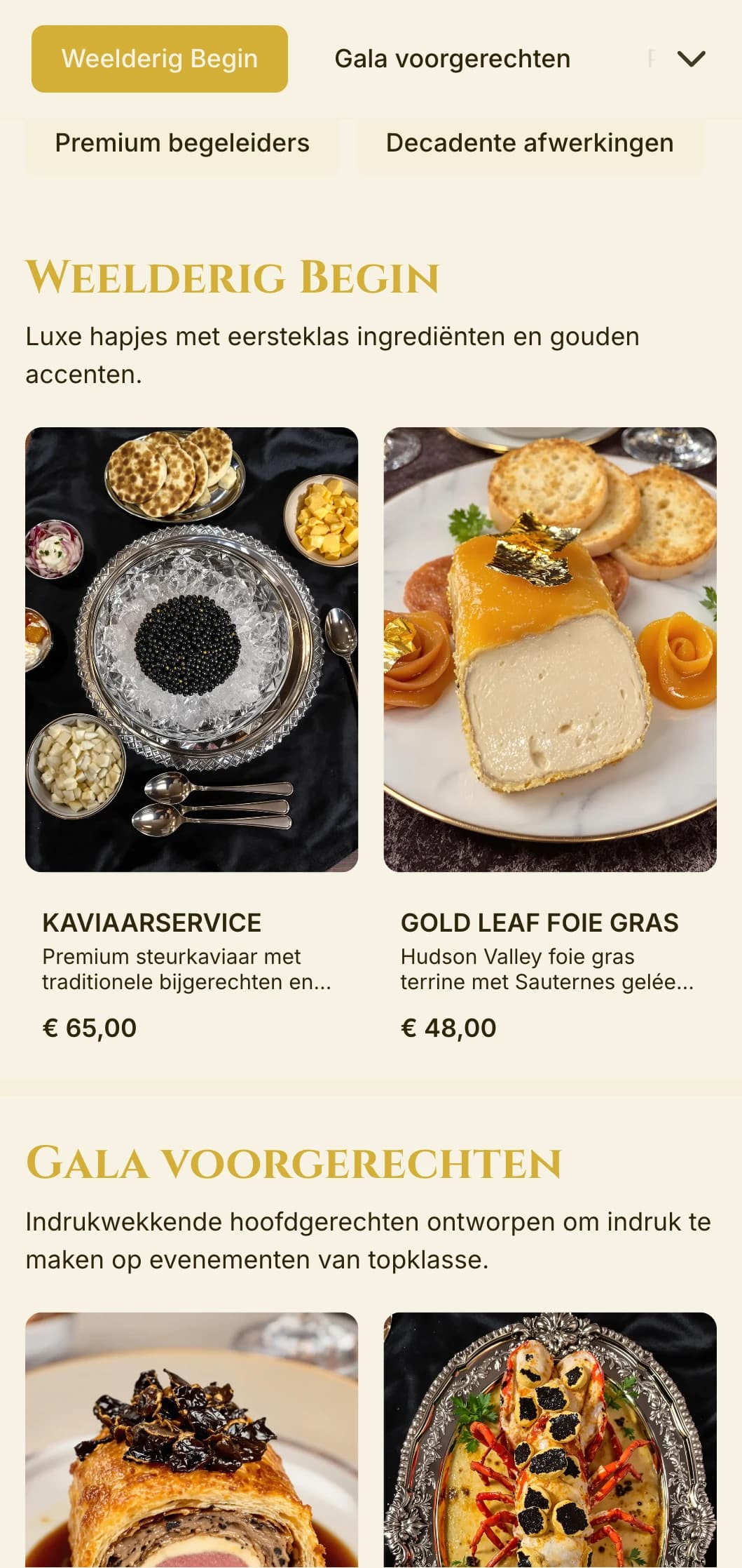 Weelderige cateringservice met eersteklas ingrediënten, gouden accenten en extravagante presentatie voor chique gala's en luxe evenementen.