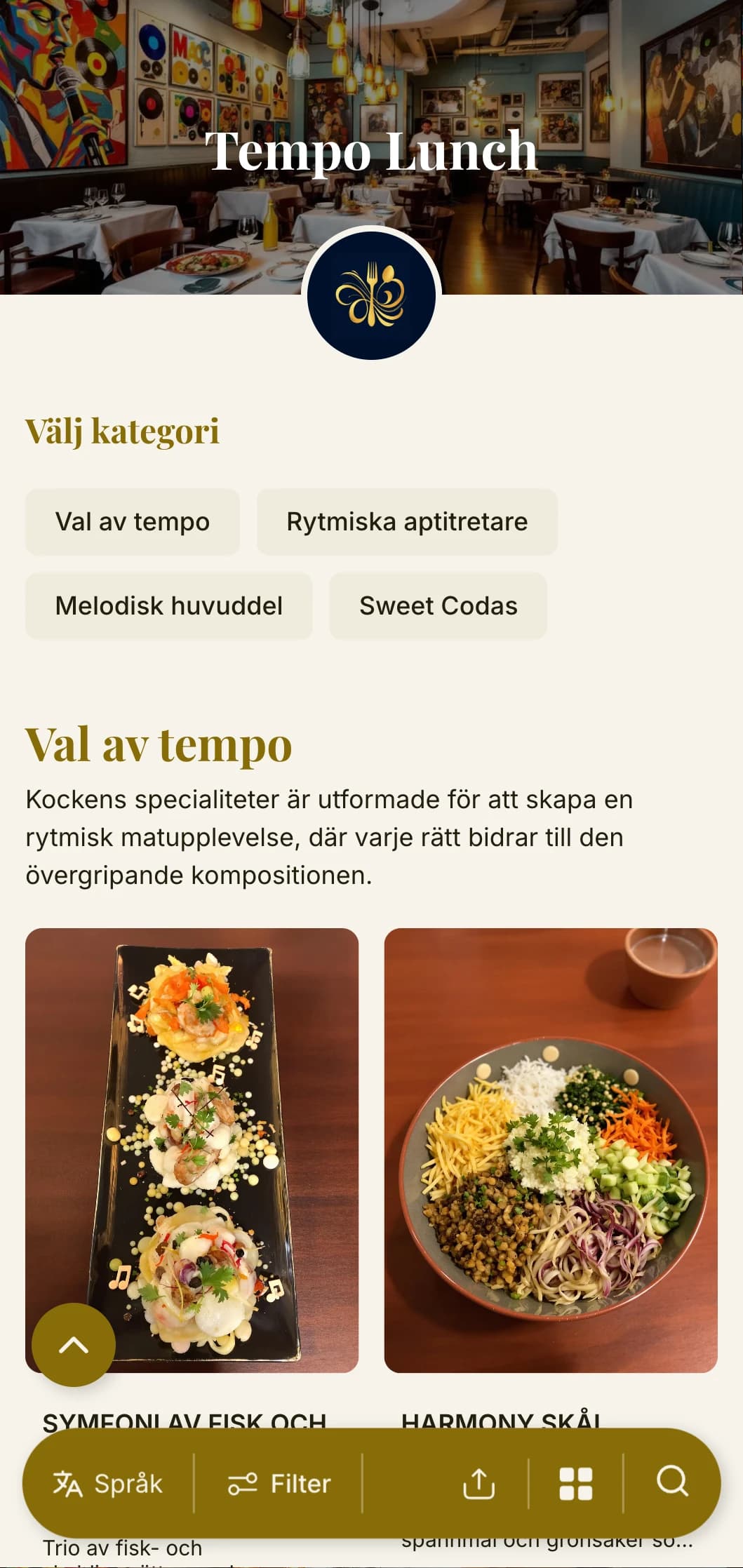 Dynamisk, rytminspirerad lunchmenydesign med musikaliska element och flödande layout, perfekt för restauranger nära teatrar och kulturlokaler.