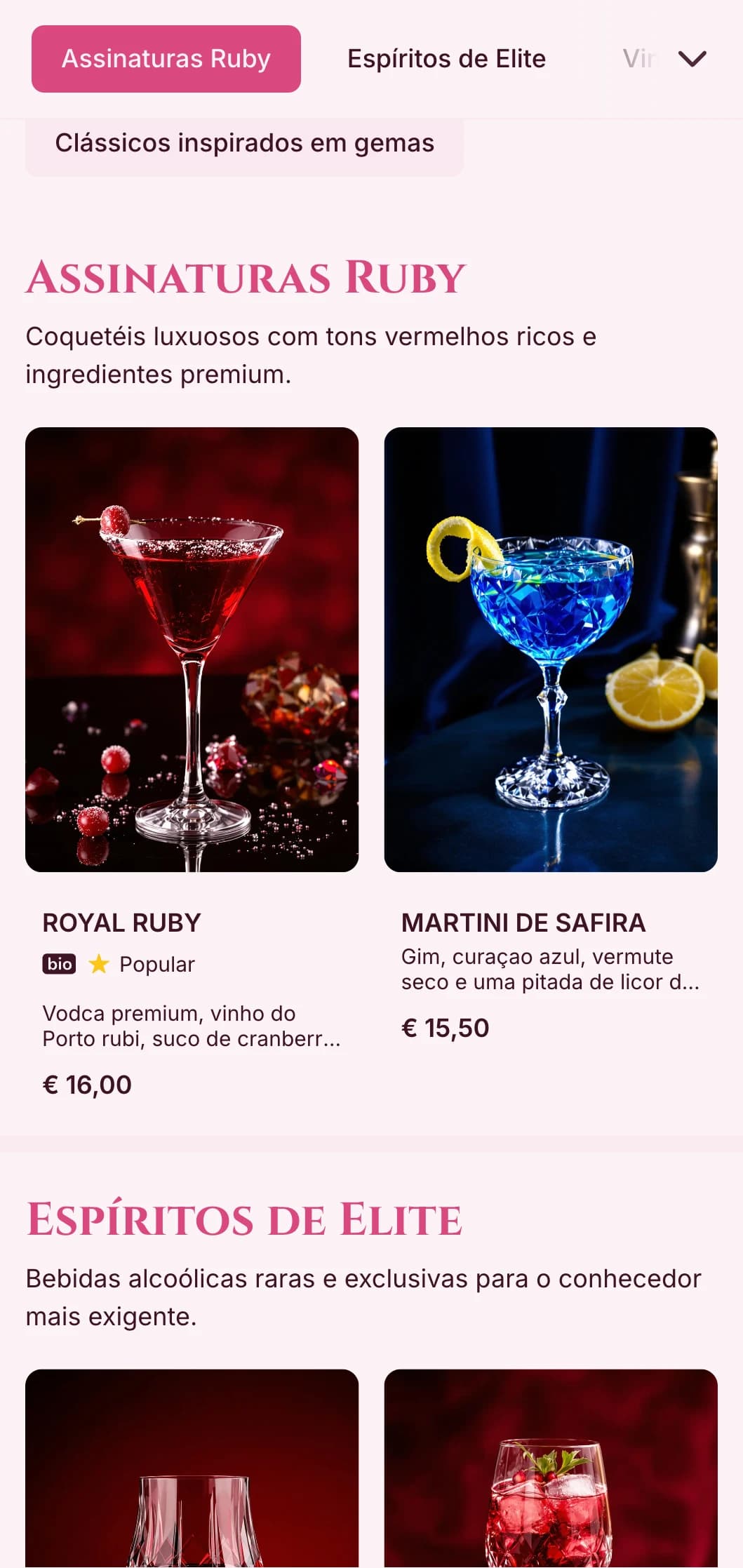 Design vermelho rico com elementos inspirados em pedras preciosas para bares de vinhos e coquetéis de luxo.