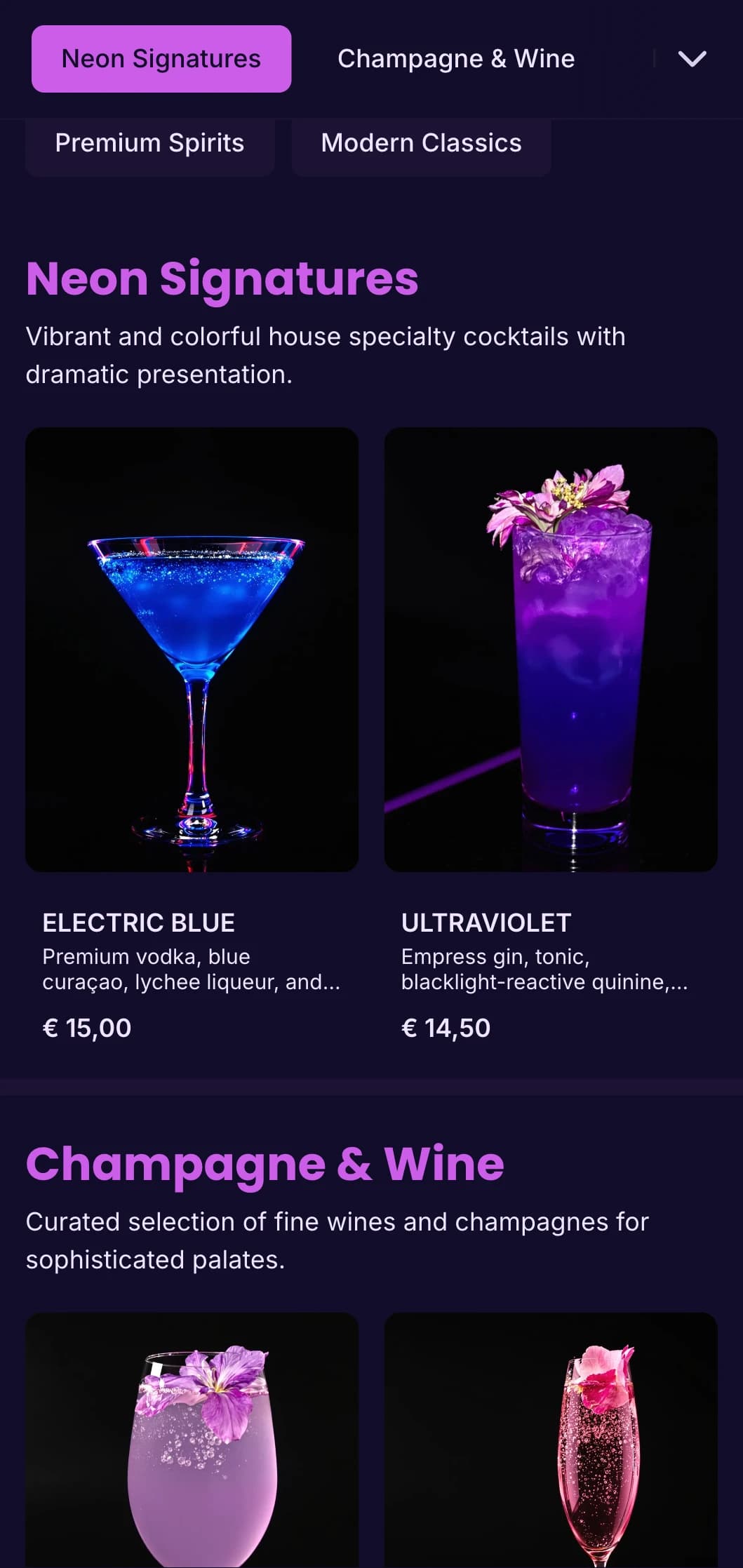 Vibrant purple and ultraviolet design for trendy nightclubs and cocktail lounges.